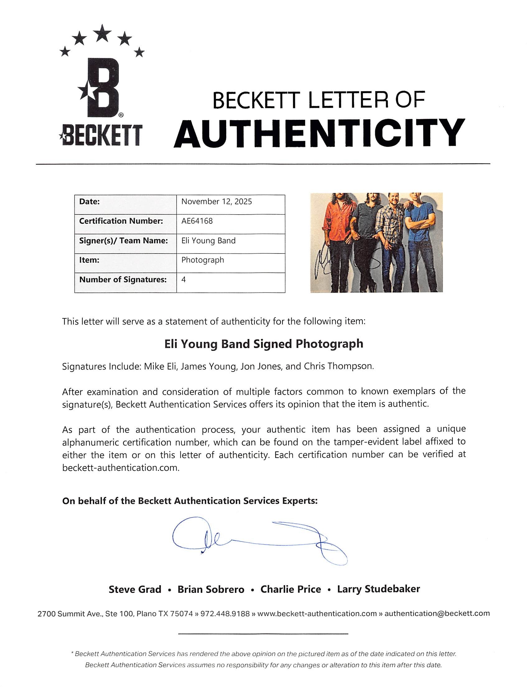 Eli Young Band (4) Eli, Young, Jones & Thompson Signed 8x10 Photo BAS #AE64168