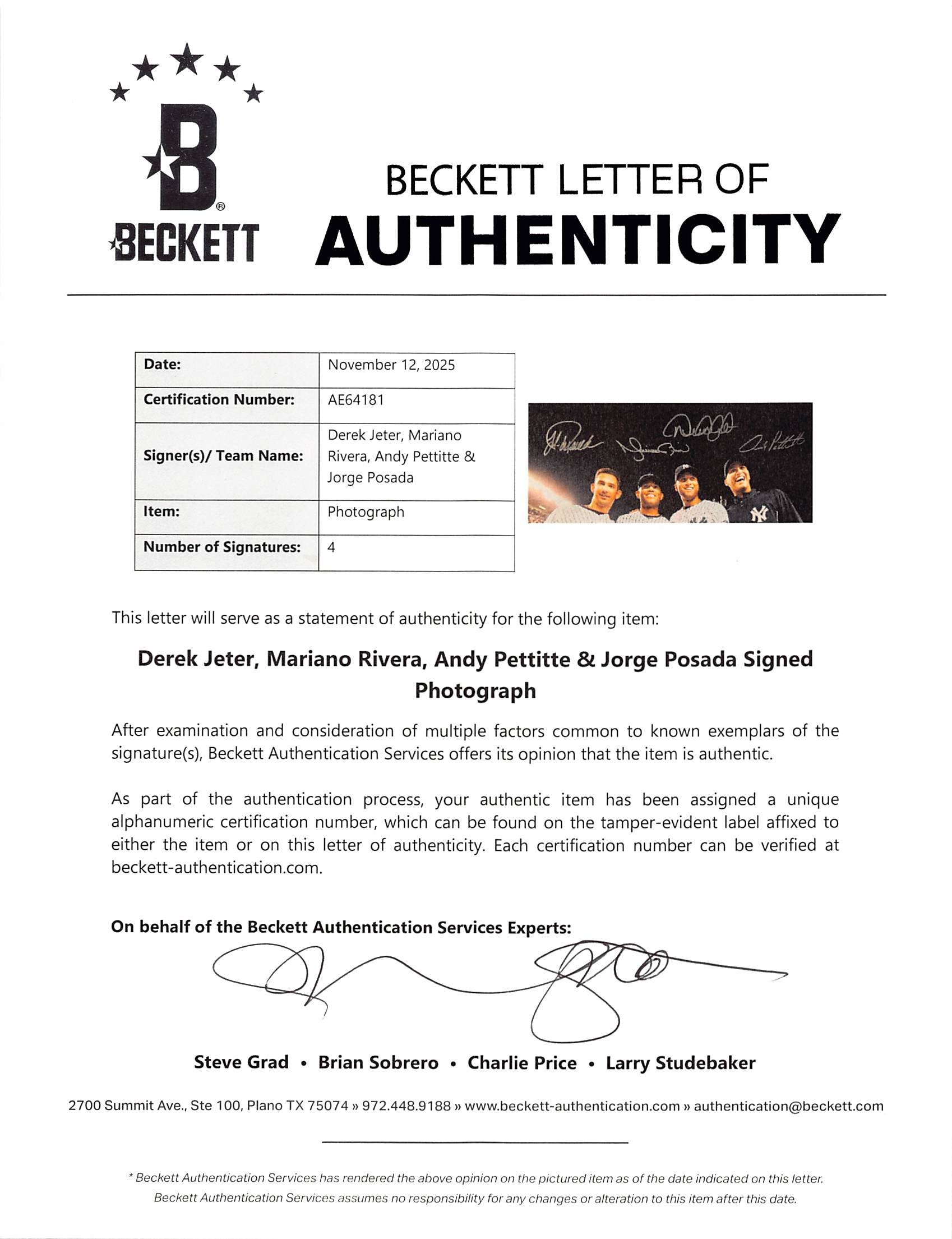 Yankees Core Four Jeter, Rivera, Pettitte & Posada Signed 16x20 Framed Photo BAS