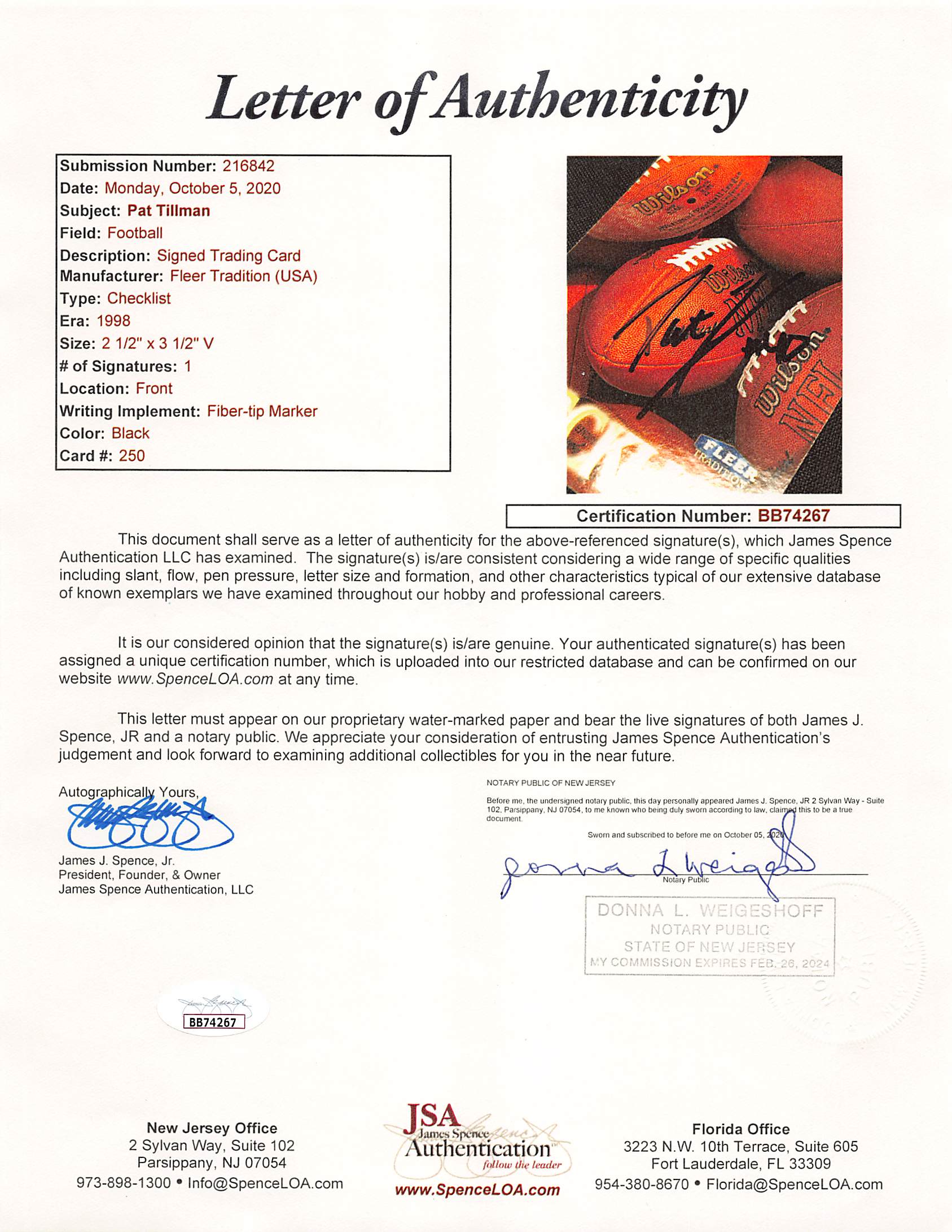 Cardinals Pat Tillman Signed 1998 Fleer Tradition #250 Framed Display JSA LOA