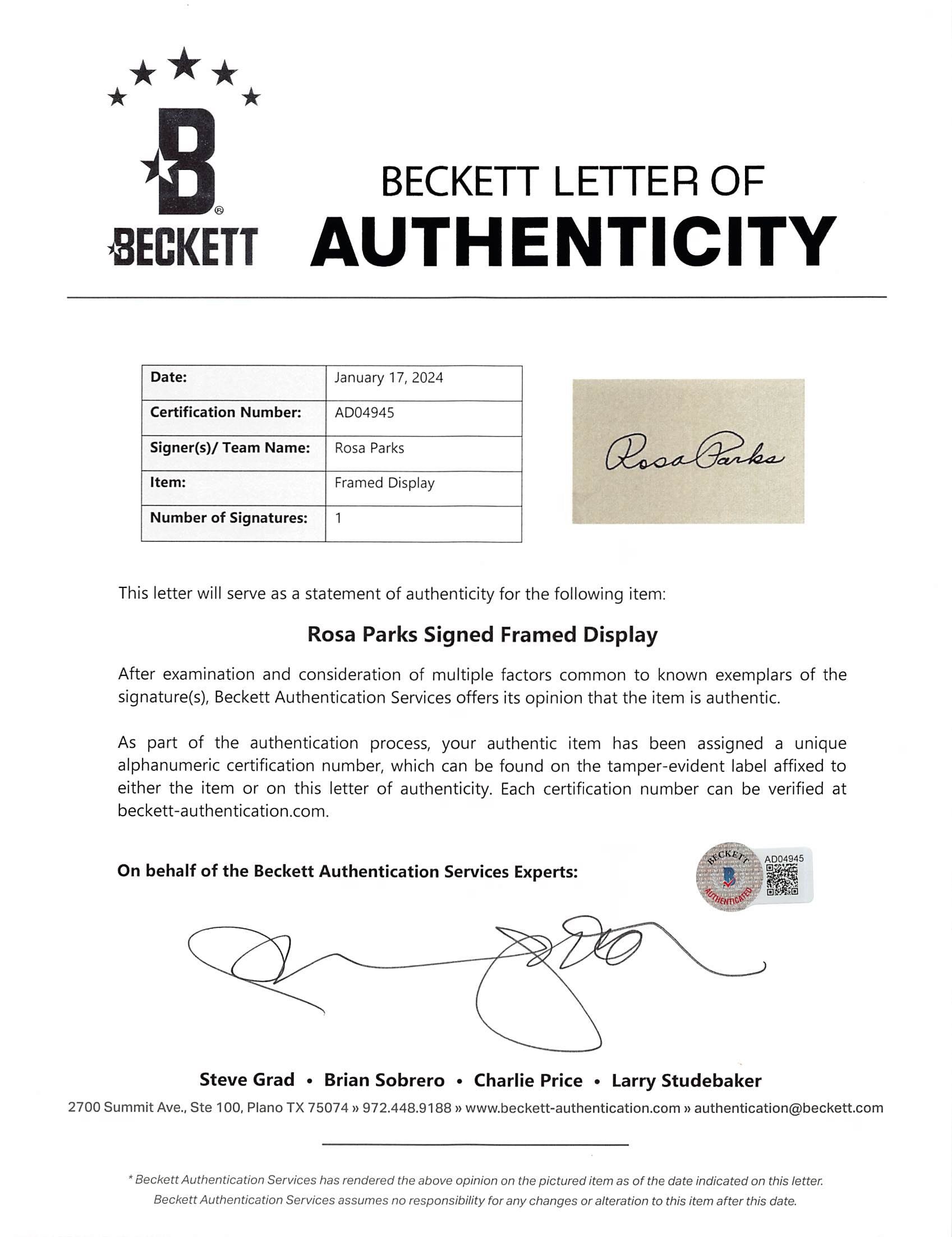 Rosa Parks Civil Rights Activist Authentic Signed Framed Display BAS LOA