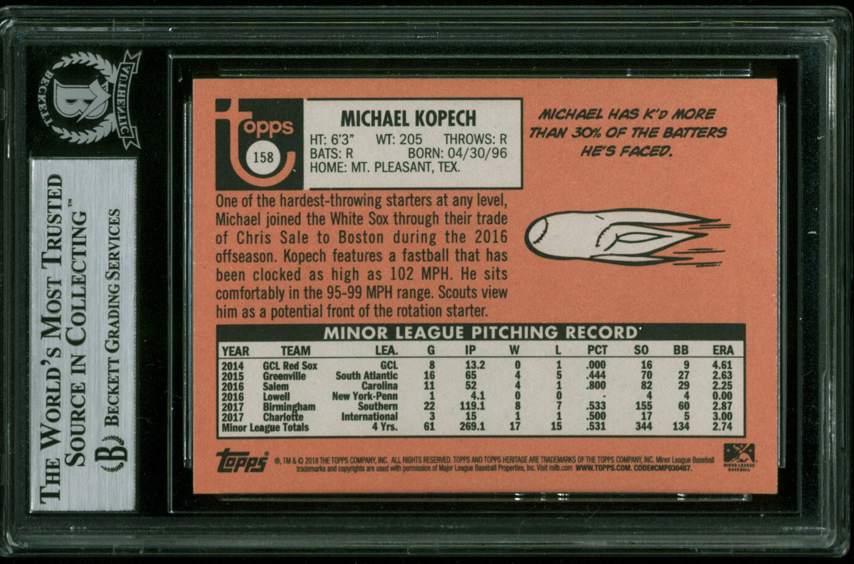 White Sox Michael Kopech Signed 2018 Topps Heritage Minors #158 Card BAS Slabbed
