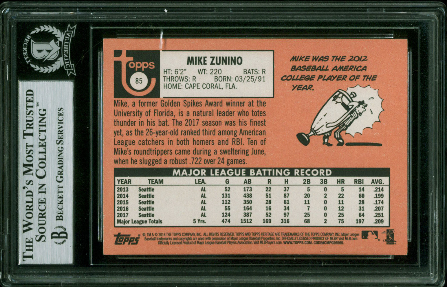 Mariners Mike Zunino Authentic Signed 2018 Topps Heritage #85 Card BAS Slabbed