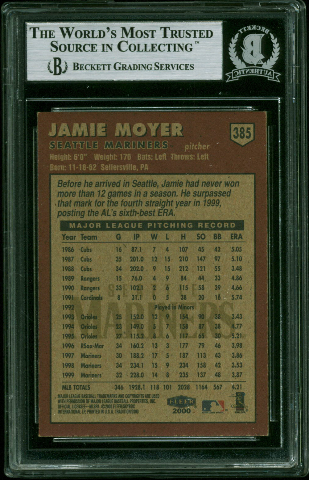 Mariners Jamie Moyer Authentic Signed 2000 Fleer Tradition #385 Card BAS Slabbed