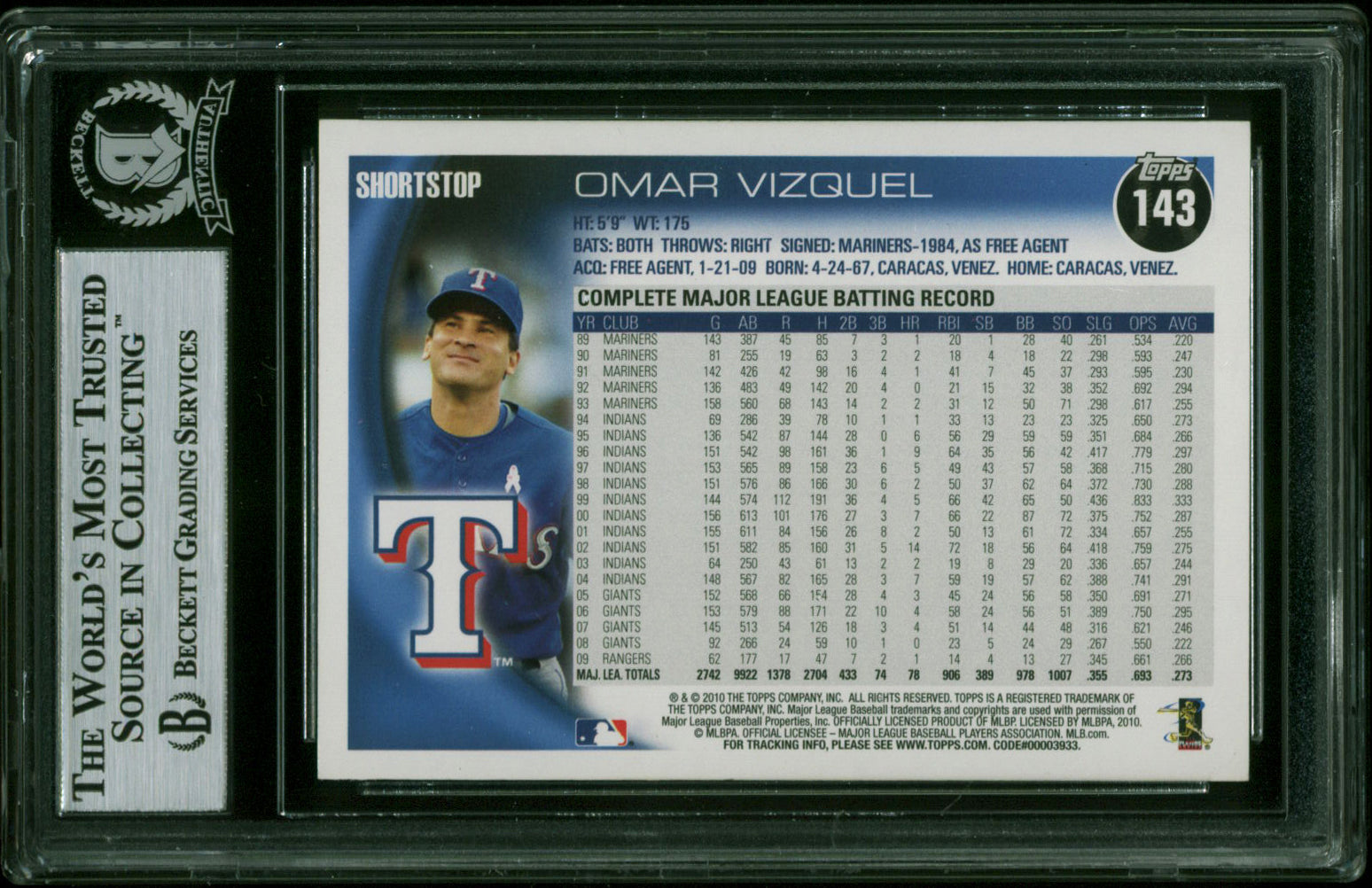 Rangers Omar Vizquel Authentic Signed 2010 Topps #143 Card BAS Slabbed