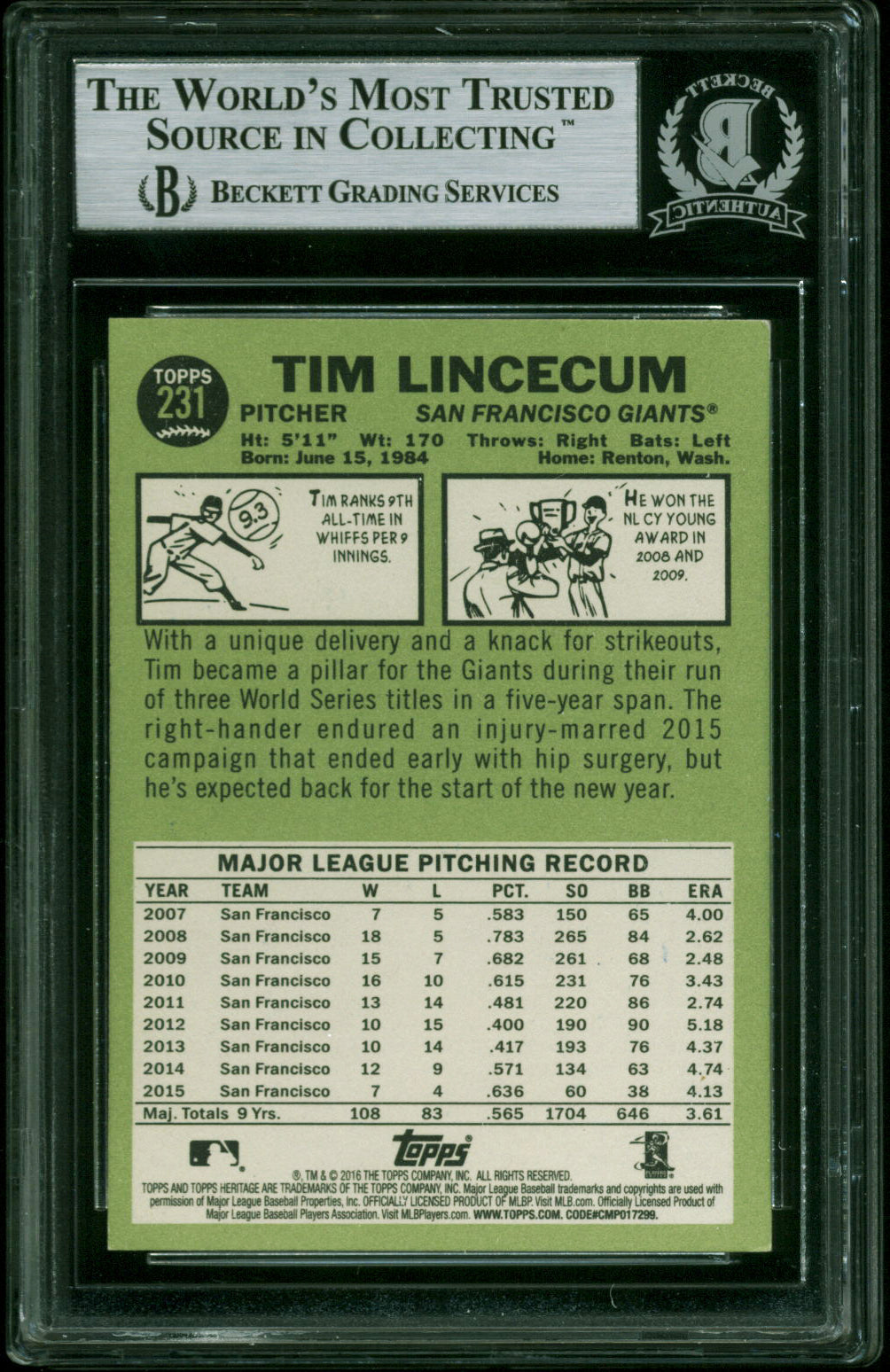 Giants Tim Lincecum Authentic Signed 2016 Topps Heritage #231 Card BAS Slabbed