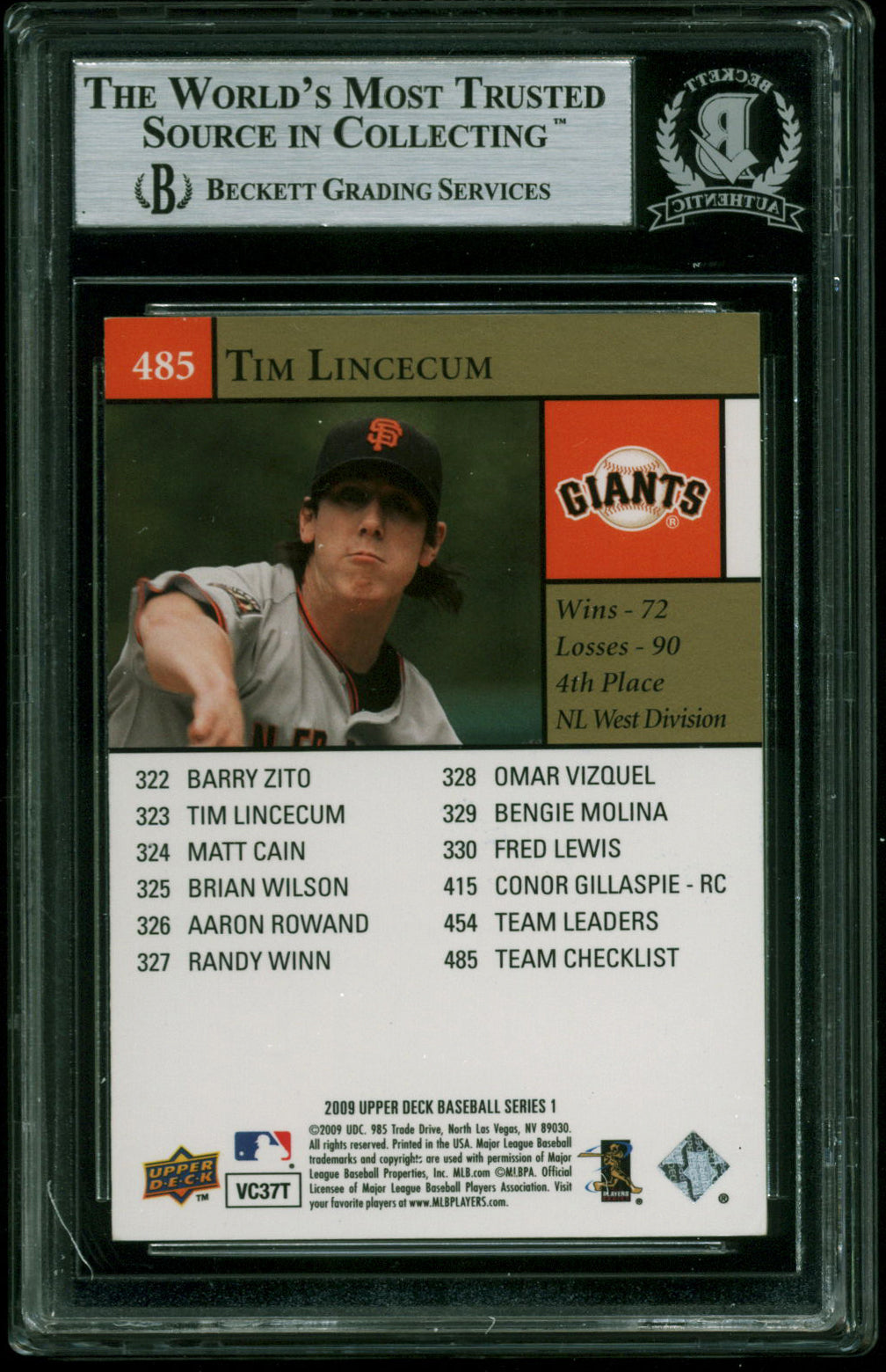 Giants Tim Lincecum Authentic Signed 2009 Upper Deck #485 Card BAS Slabbed