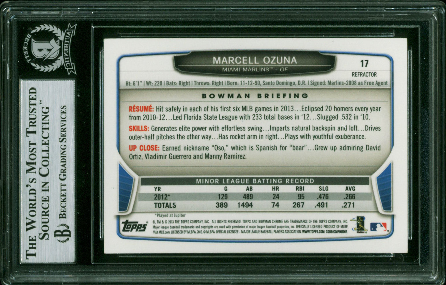 Marcell Ozuna Signed 2013 Bowman Chrome Blue Refractors #17 RC Card BAS Slabbed