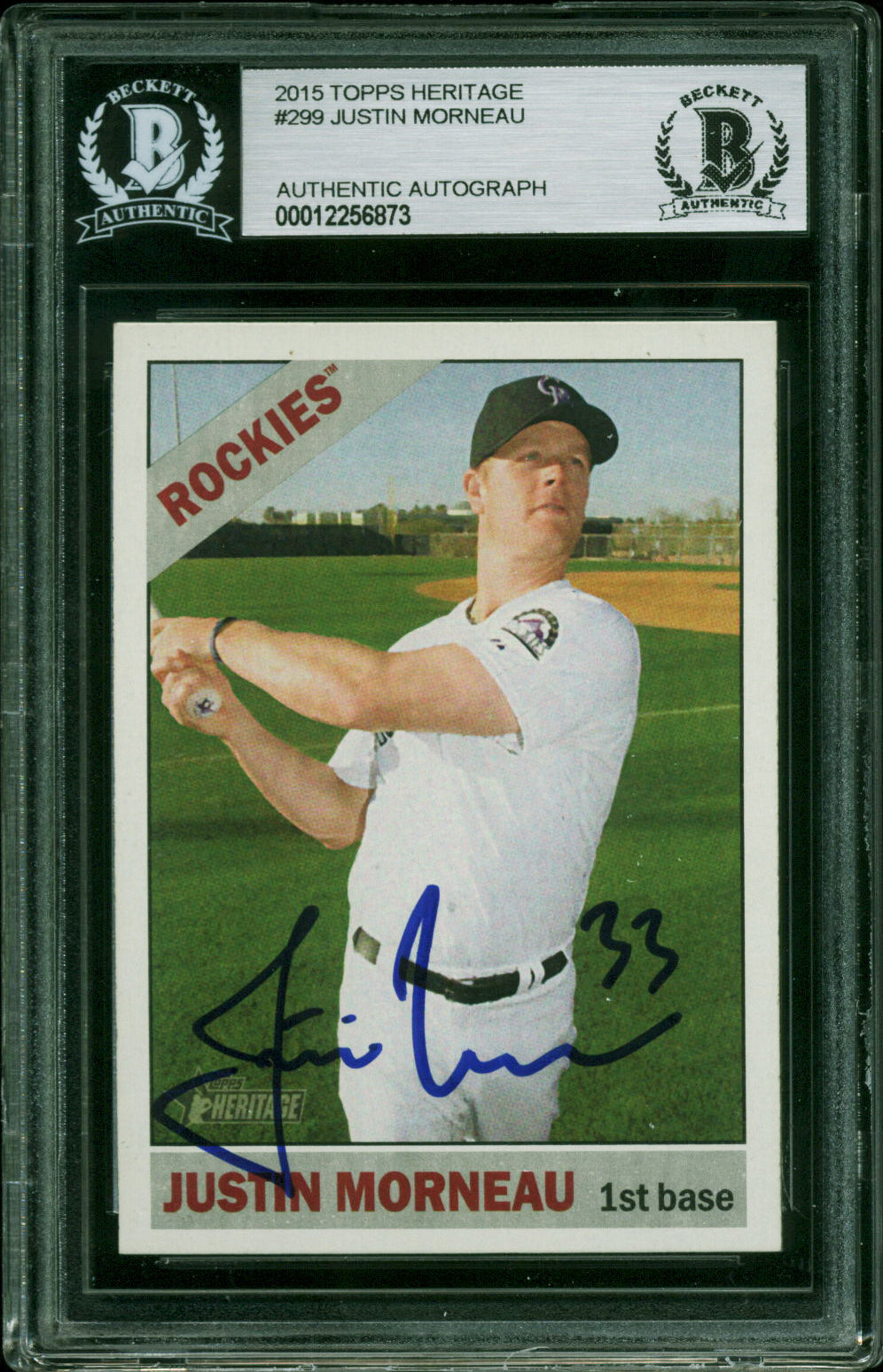 Rockies Justin Morneau Signed 2015 Topps Heritage #299 Card BAS Slabbed