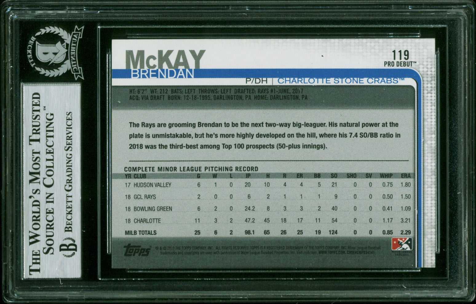 Rays Brendan McKay Signed 2019 Topps Pro Debut #119 RC Card BAS Slabbed 12256927