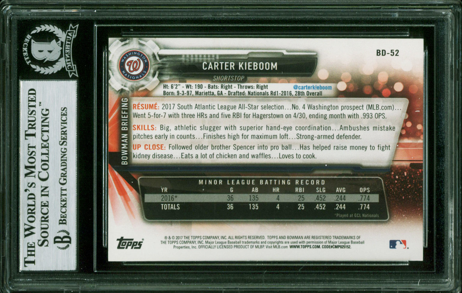 Nationals Carter Kieboom Signed 2017 Bowman Draft #BD52 Card BAS Slabbed
