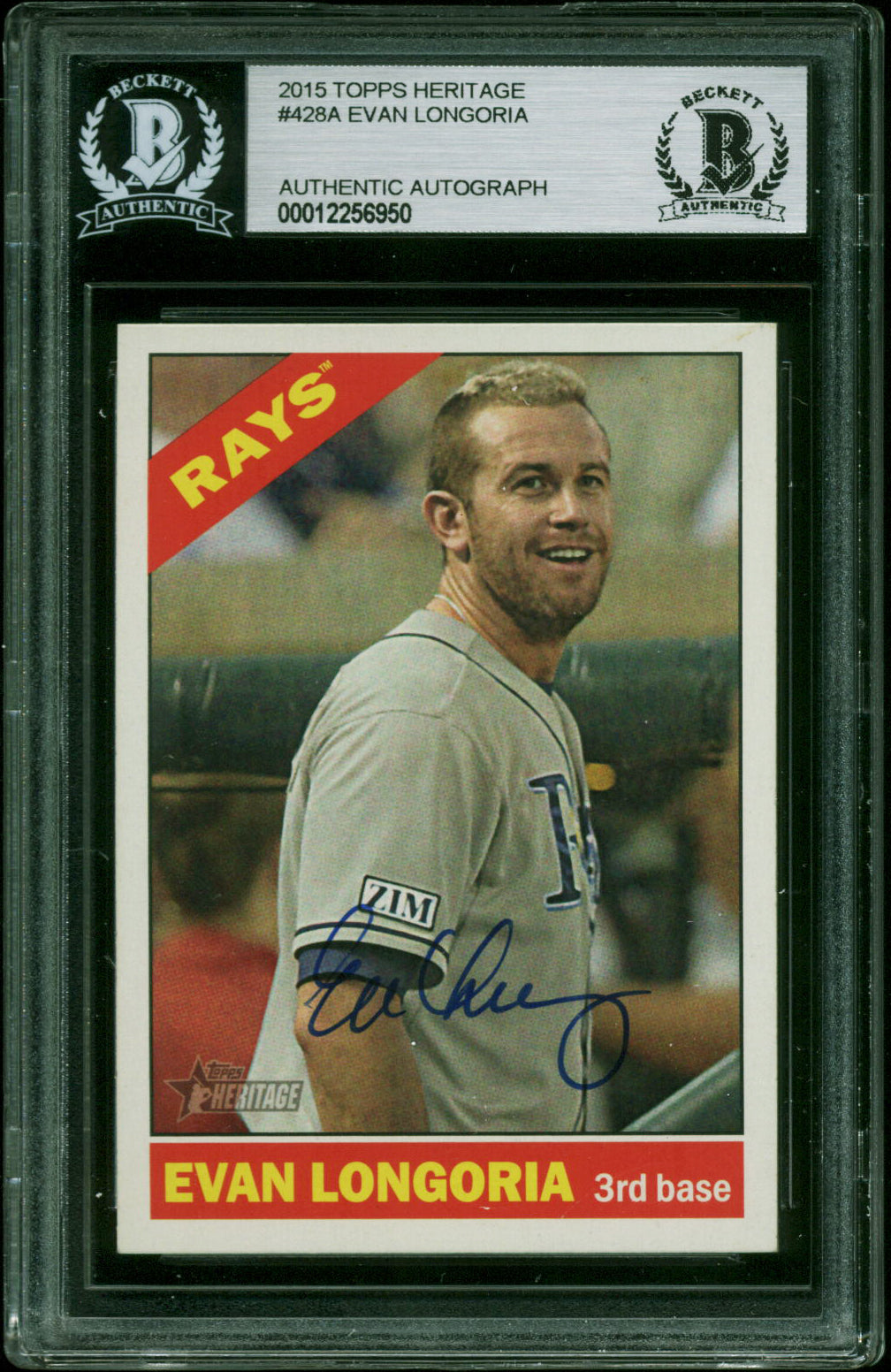 Rays Evan Longoria Authentic Signed 2015 Topps Heritage #428A Card BAS Slabbed