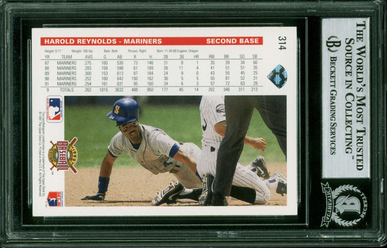 Mariners Harold Reynolds Authentic Signed 1992 Upper Deck #314 Card BAS Slabbed