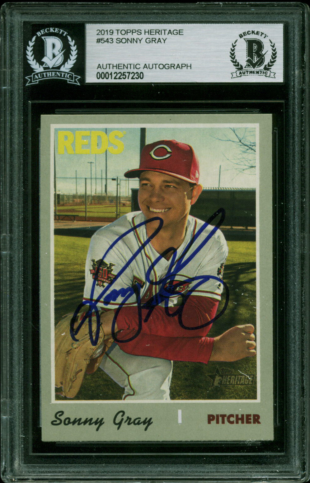 Reds Sonny Gray Authentic Signed 2019 Topps Heritage #543 Card BAS Slabbed