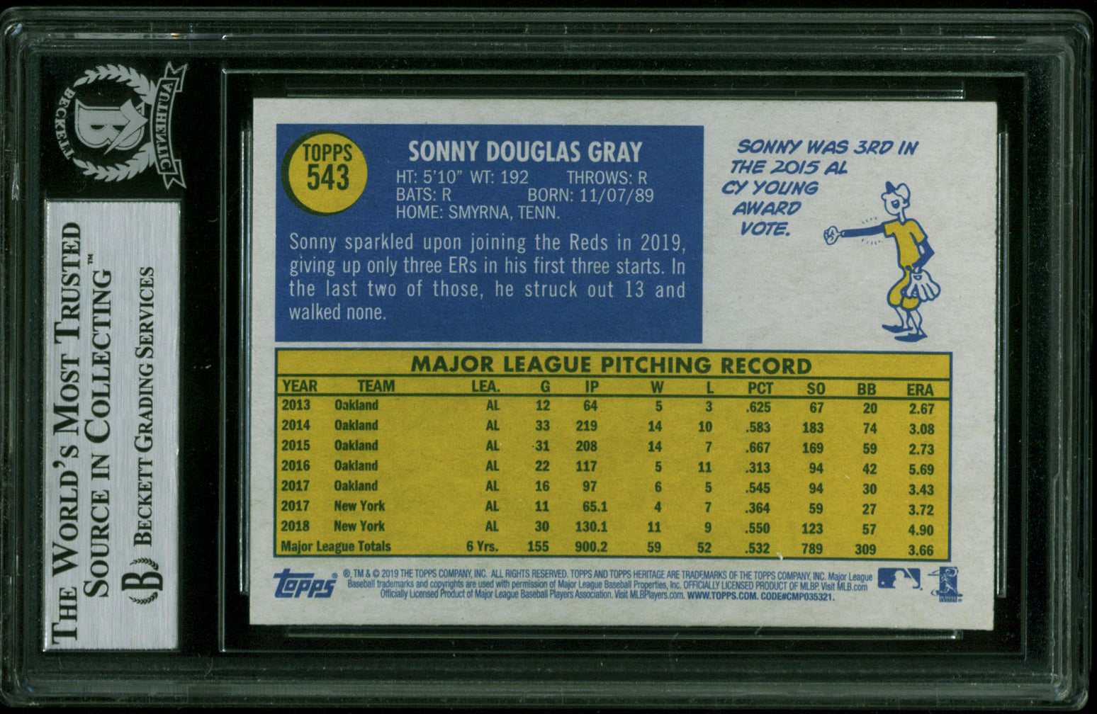Reds Sonny Gray Authentic Signed 2019 Topps Heritage #543 Card BAS Slabbed