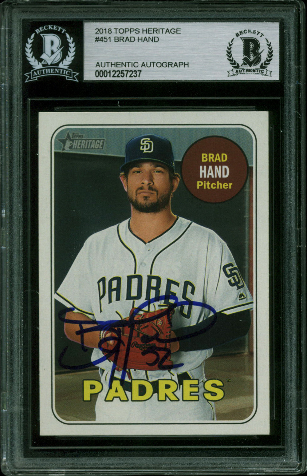 Padres Brad Hand Authentic Signed 2018 Topps Heritage #451 Card BAS Slabbed