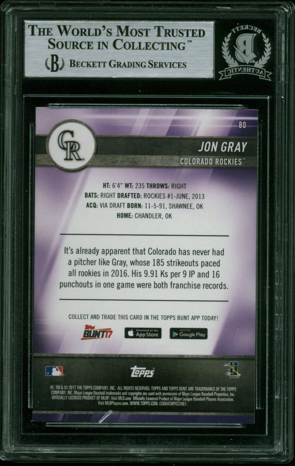 Rockies Jonathan Gray Authentic Signed 2017 Topps Bunt Blue #80 Card BAS Slabbed