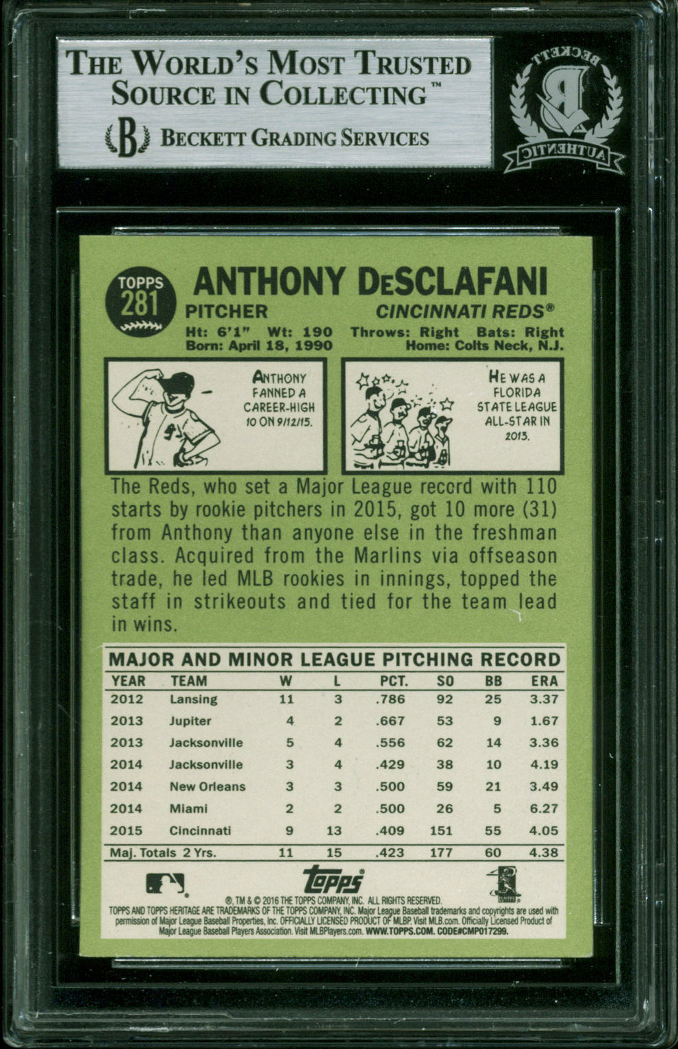 Reds Anthony DeSclafani Authentic Signed 2016 Topps Heritage #281 Card BAS Slab