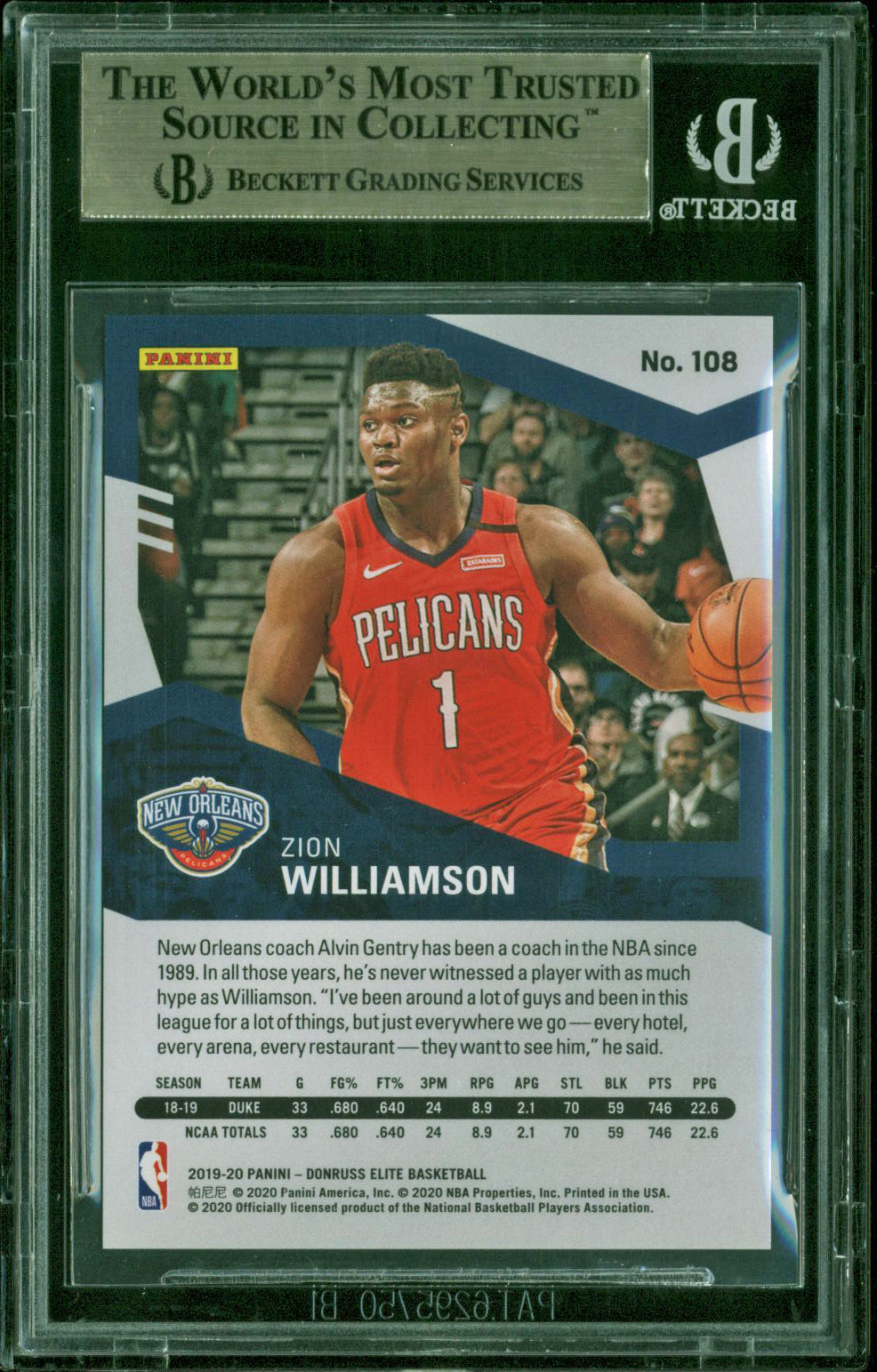 Pelicans Zion Williamson 2019-20 Panini Elite RC 40/99 #108 BGS 9.5 GEM MINT