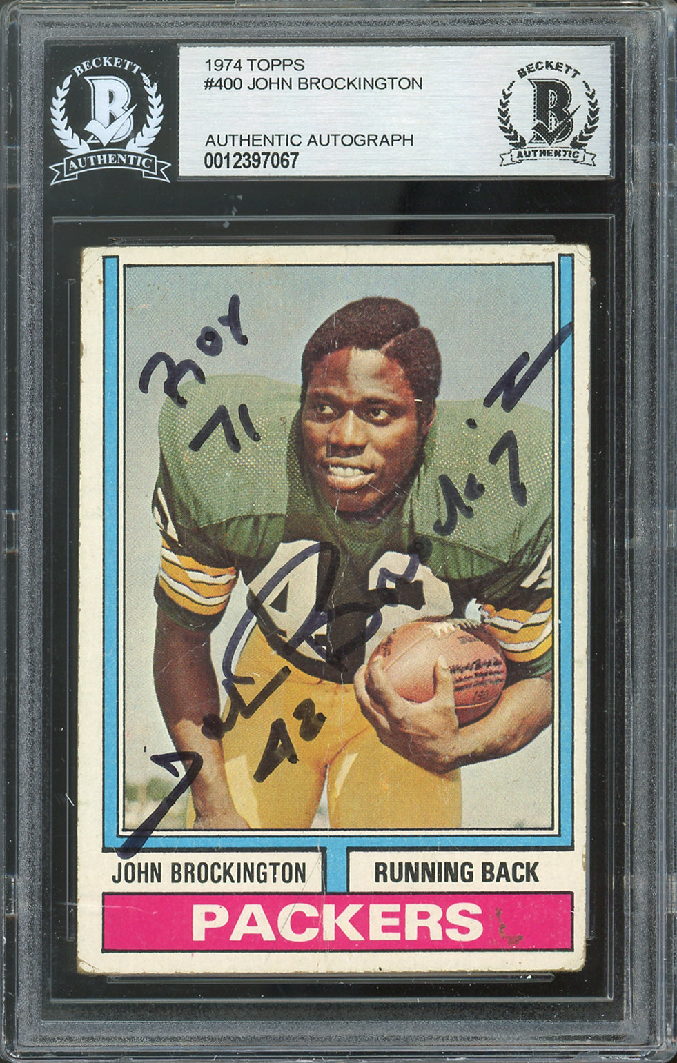 Packers John Brockington "ROY 71" Signed 1974 Topps #400 Card BAS Slabbed