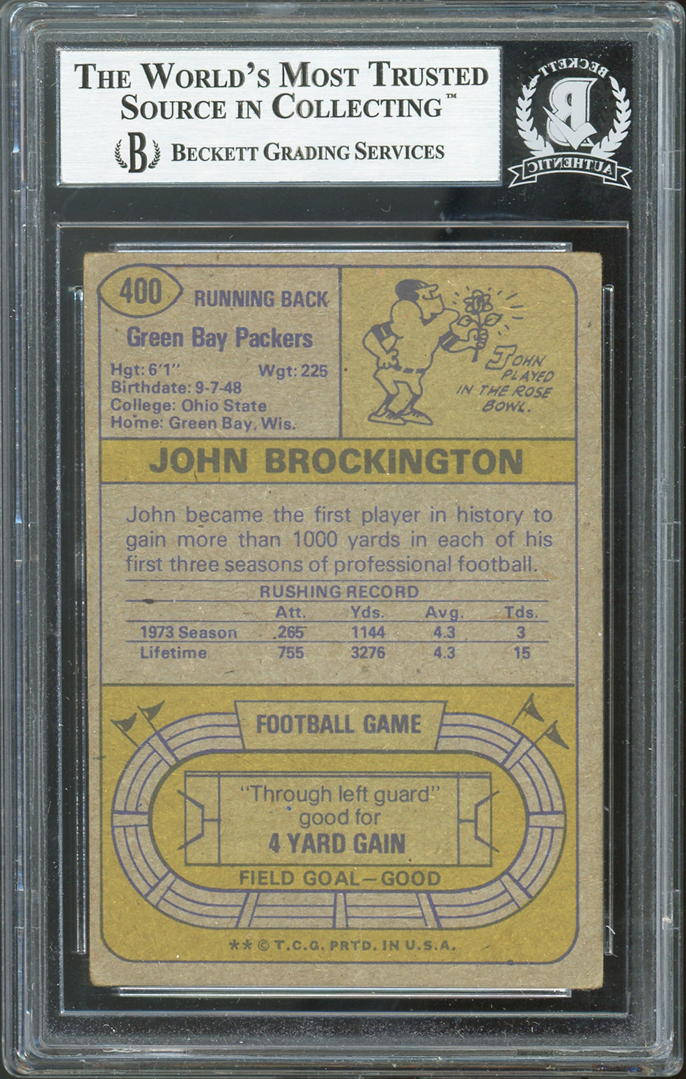 Packers John Brockington "ROY 71" Signed 1974 Topps #400 Card BAS Slabbed