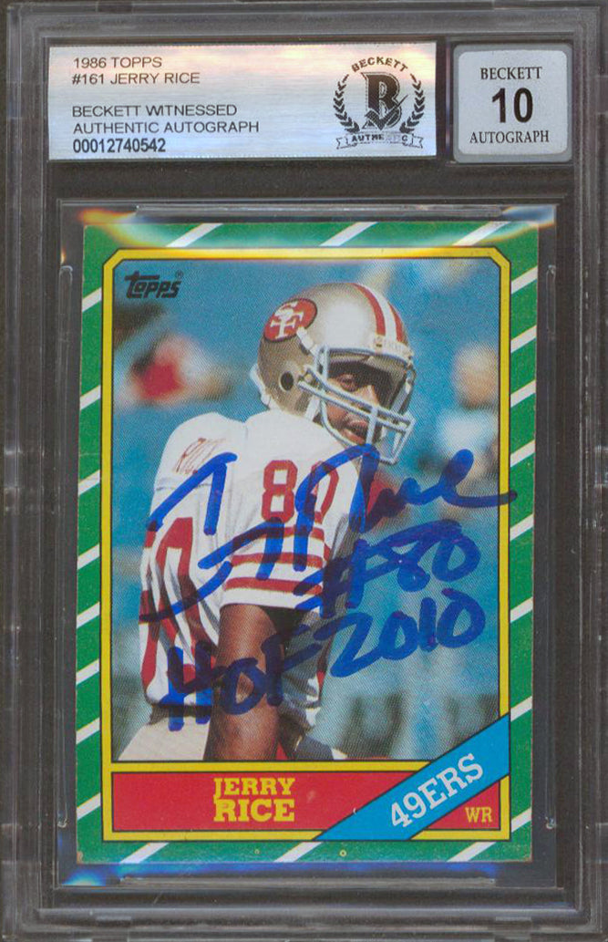49ers Jerry Rice "HOF 2010" Signed 1986 Topps #161 RC Card Auto 10 BAS Slabbed 1