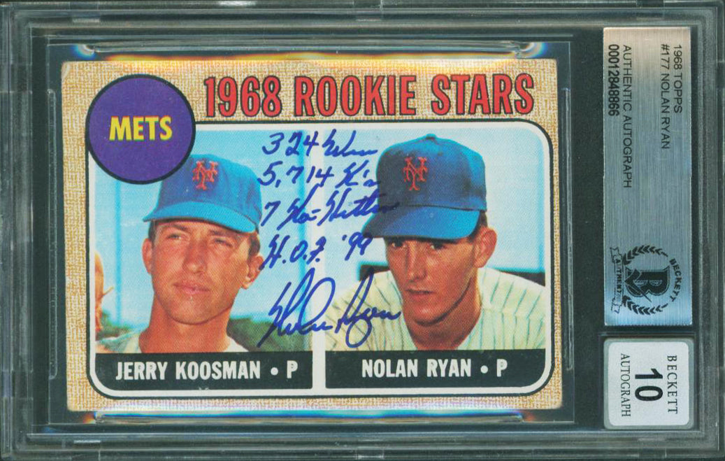 Mets Nolan Ryan "Stat" Signed 1968 Topps #177 Rookie Card Auto Grade 10 BAS Slab