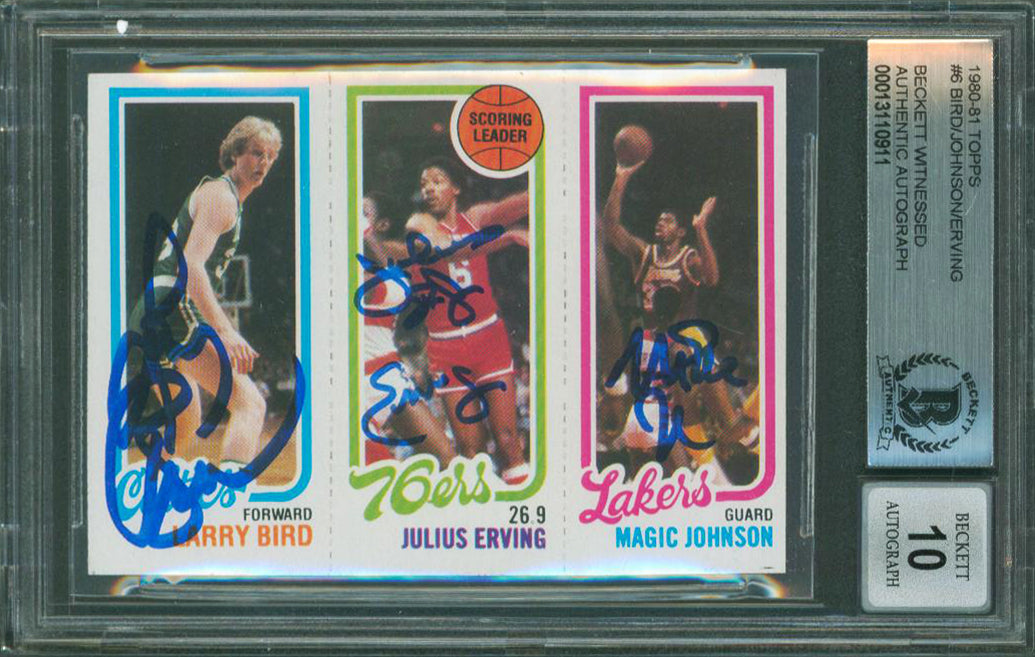 Bird, Erving & Magic Signed 1980 Topps Rookie Card Autos Graded 10! BAS Slab 1