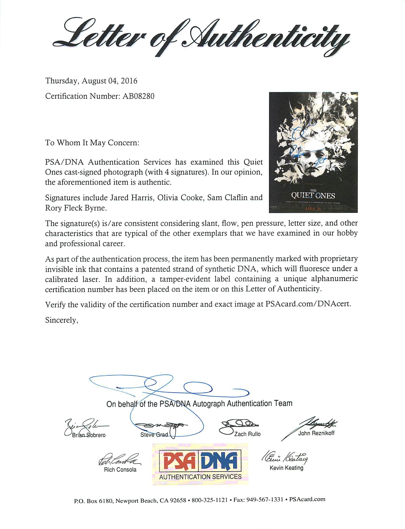 The Quiet Ones (4) Cooke, Claflin, Byrne Signed 12x18 Movie Poster PSA #AB08280