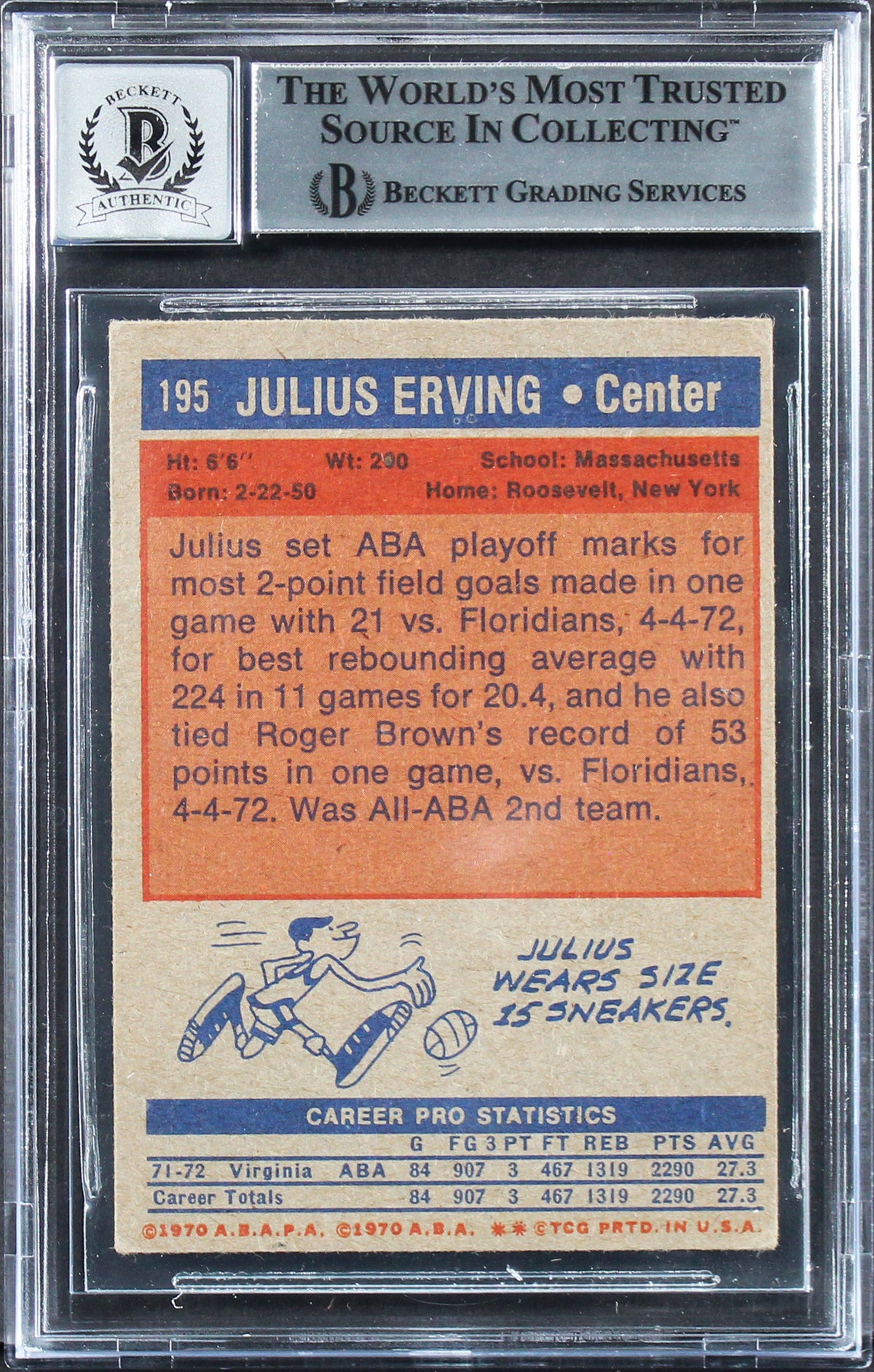 Julius Erving "HOF 93" Signed 1972 Topps #195 Rookie Card Auto 10! BAS Slabbed