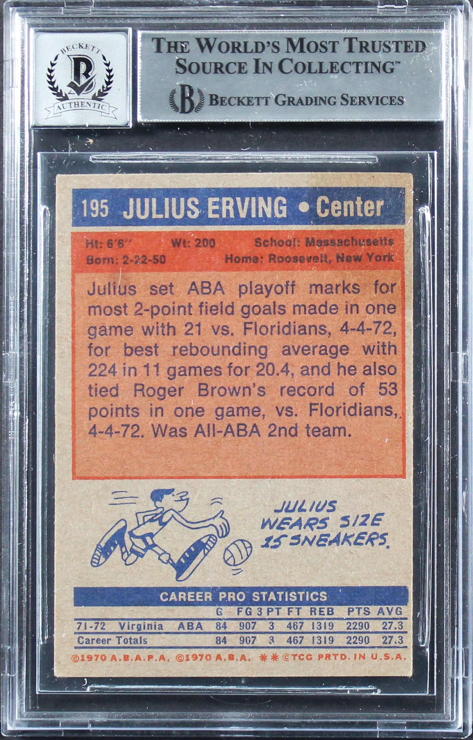 Julius Erving "HOF 93" Signed 1972 Topps #195 Rookie Card Auto 10 BAS Slab 2