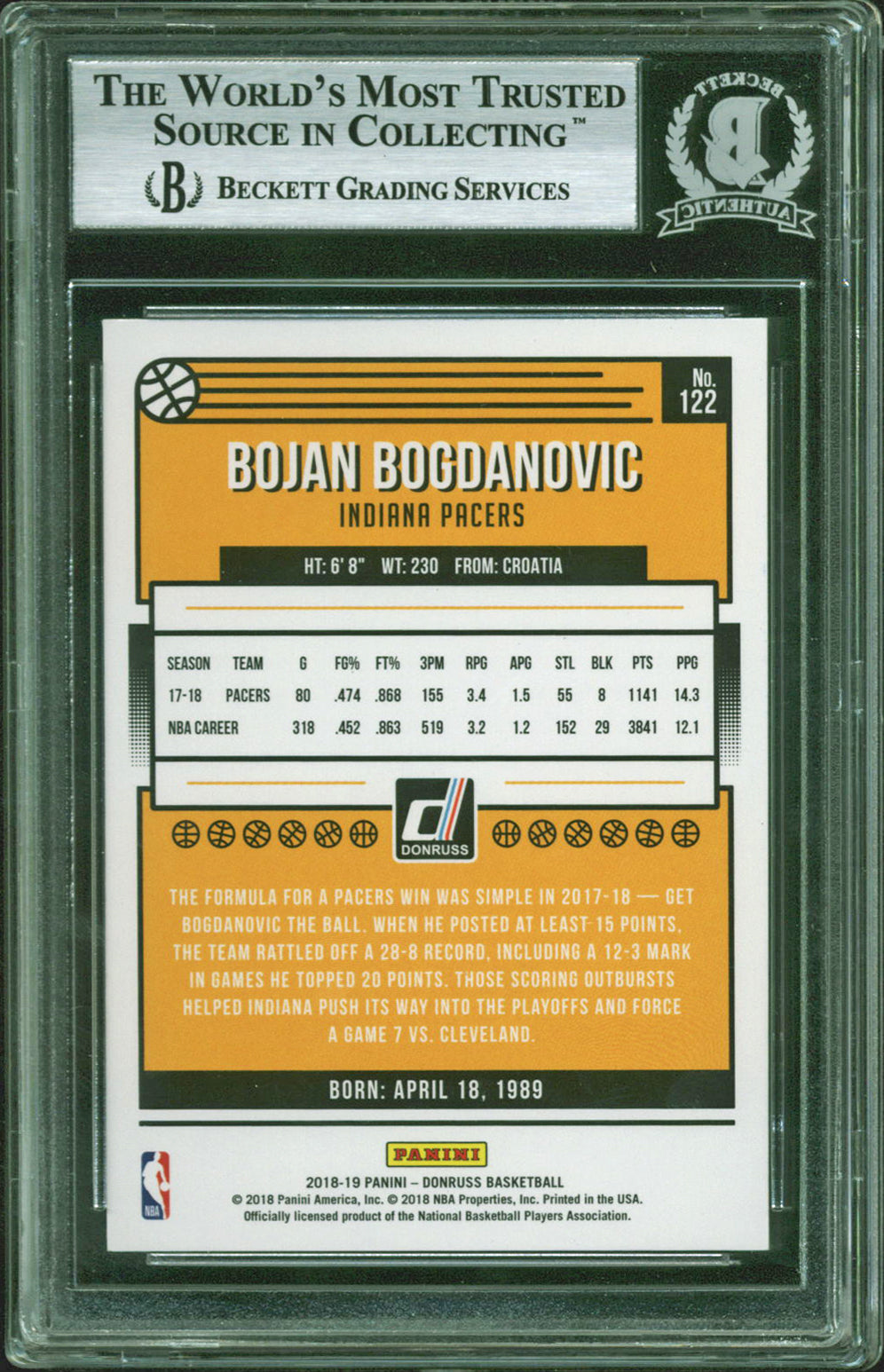 Pacers Bojan Bogdanovic Authentic Signed 2018 Donruss #122 Auto Card BAS Slabbed