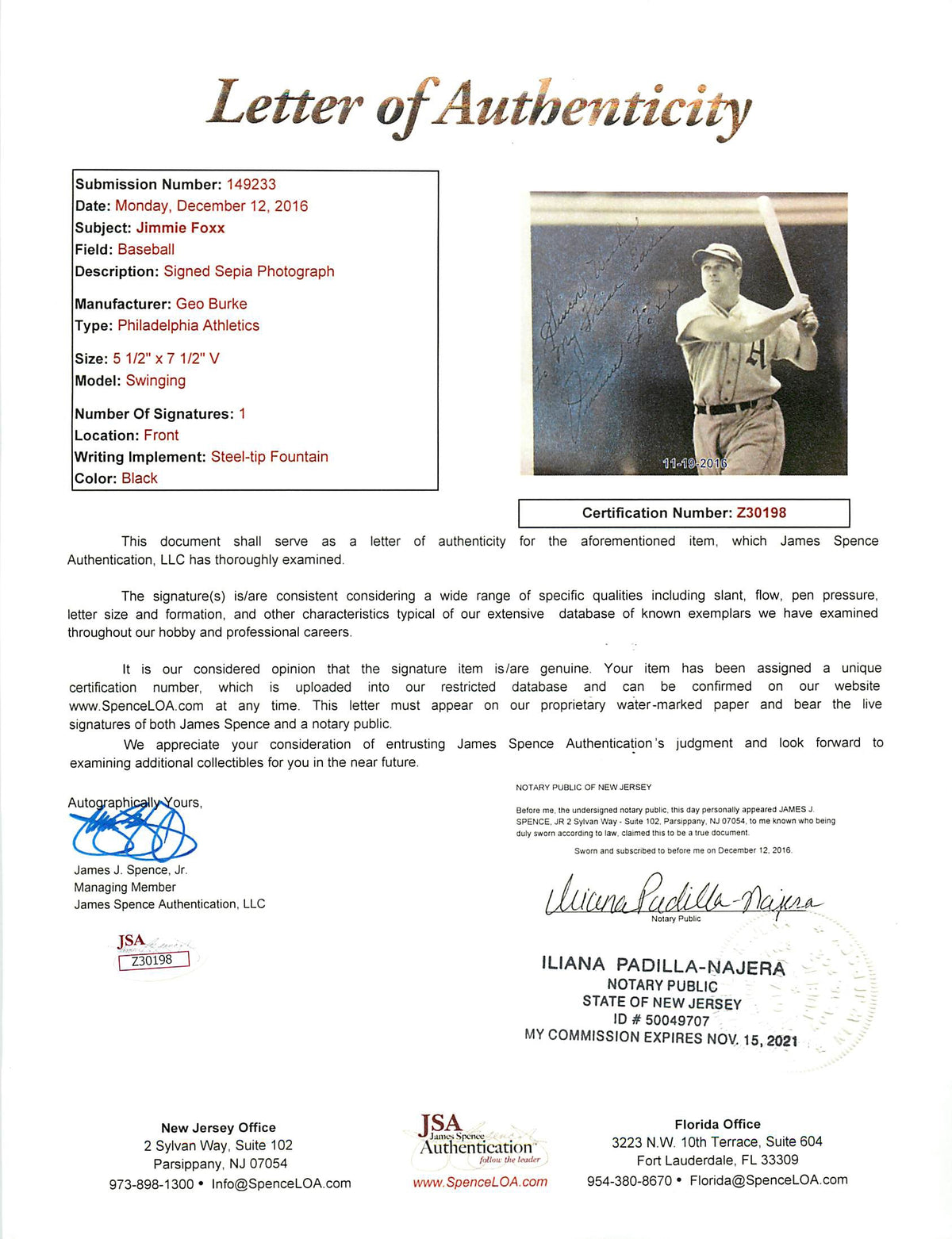 Jimmie Foxx "Sincere Wishes" Signed 5.5x7.5 Geo Burke Sepia Photo JSA #Z30198
