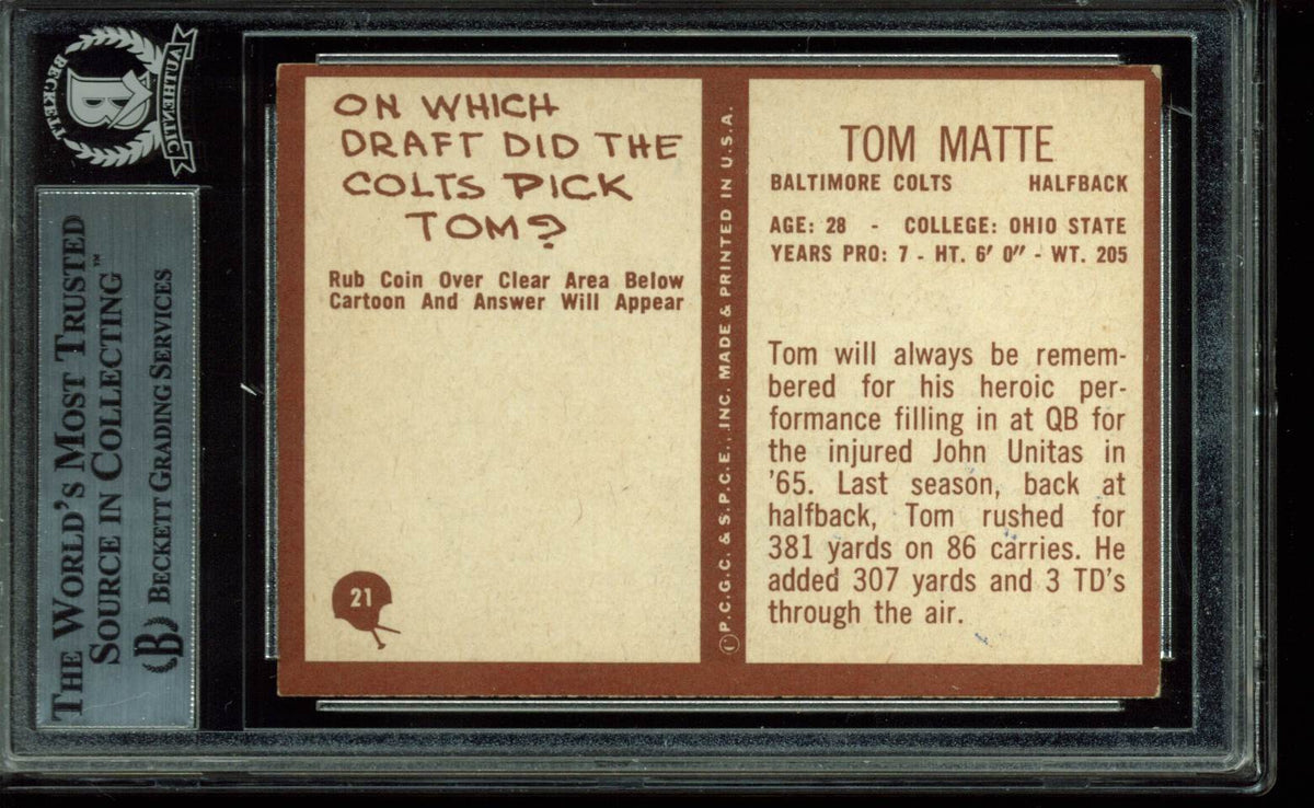 Colts Tom Matte Authentic Signed Card 1967 Philadelphia #21 BAS Slabbed