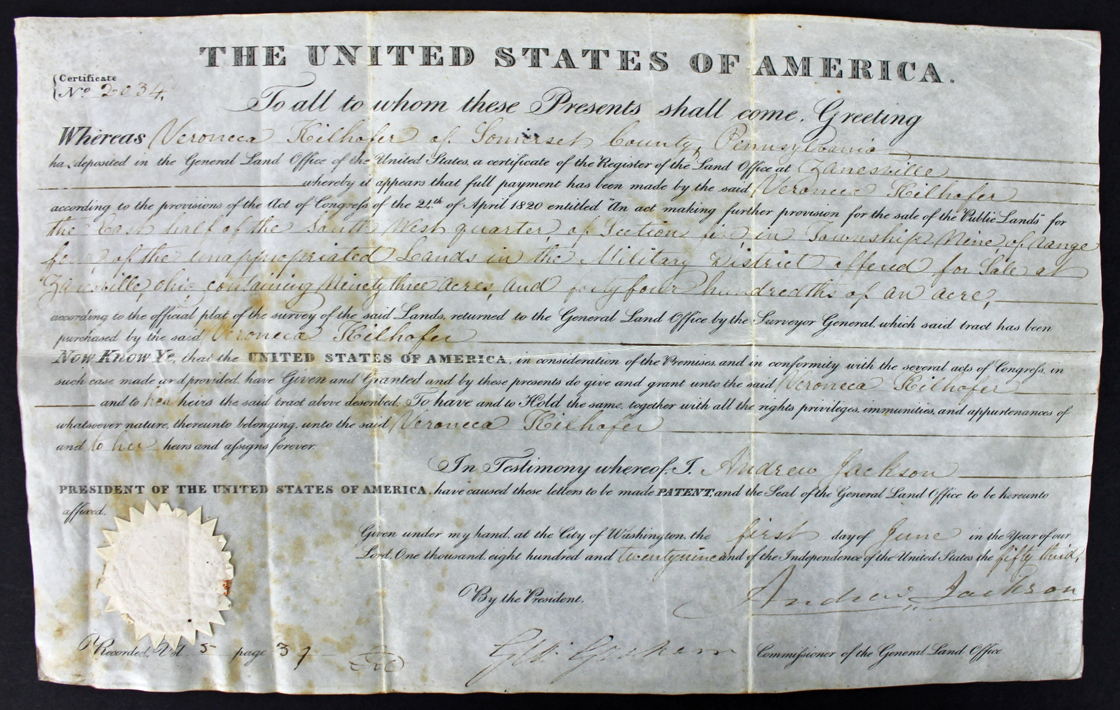 Andrew Jackson Authentic Signed 10x15.75 1829 Land Grant Document PSA #AA08331