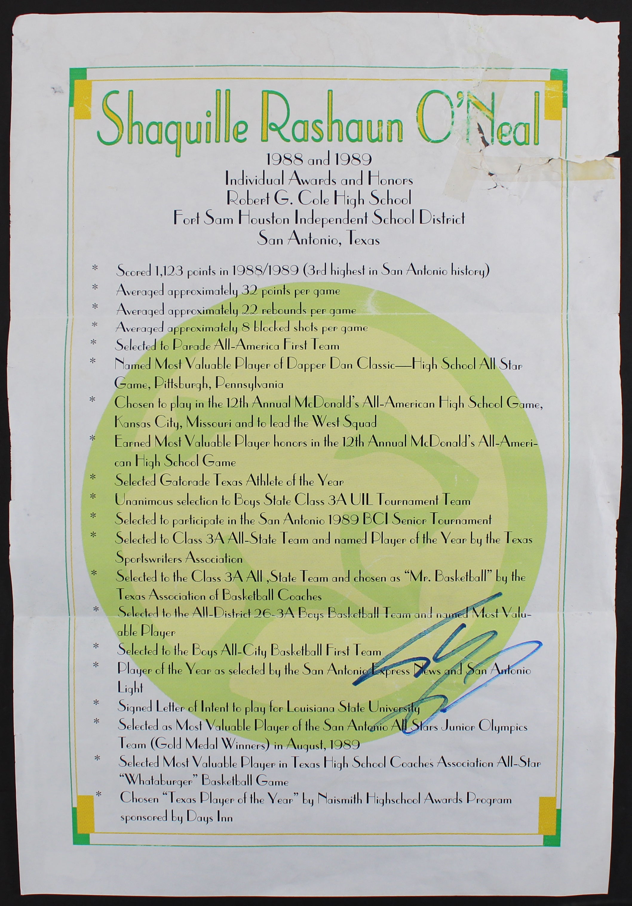 Shaquille O'Neal Signed 12x17.75 High School Awards Poster BAS Witness #WP79154