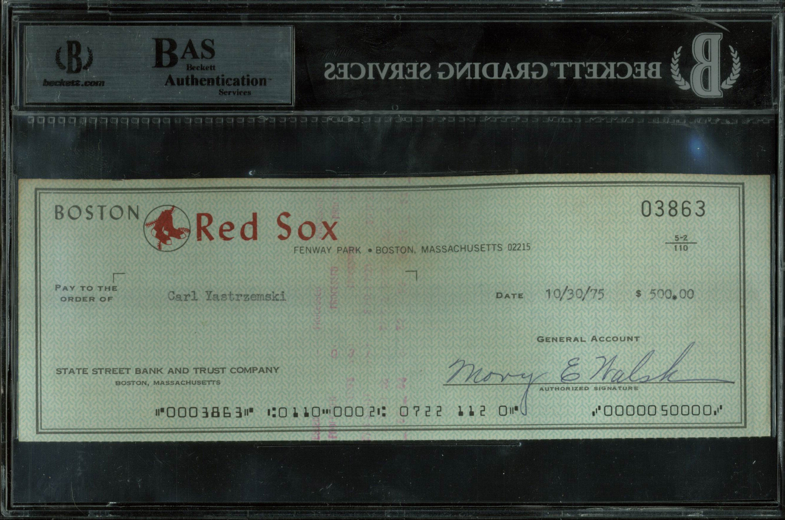 Carl Yastrzemski Authentic Signed 1975 Red Sox Check Autographed BAS Slabbed