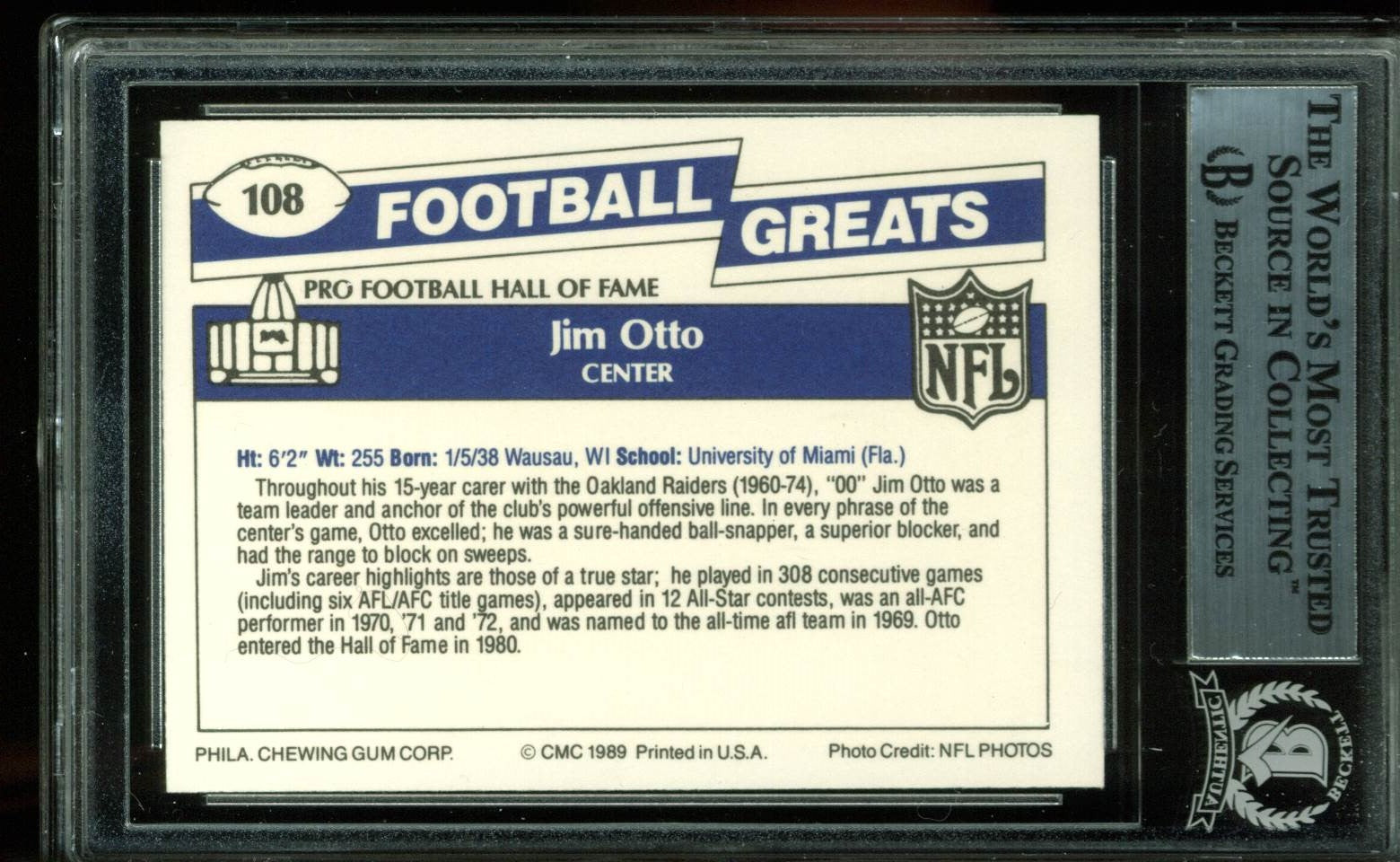 Raiders Jim Otto Authentic Signed Card 1989 Swell Greats #108 BAS Slabbed