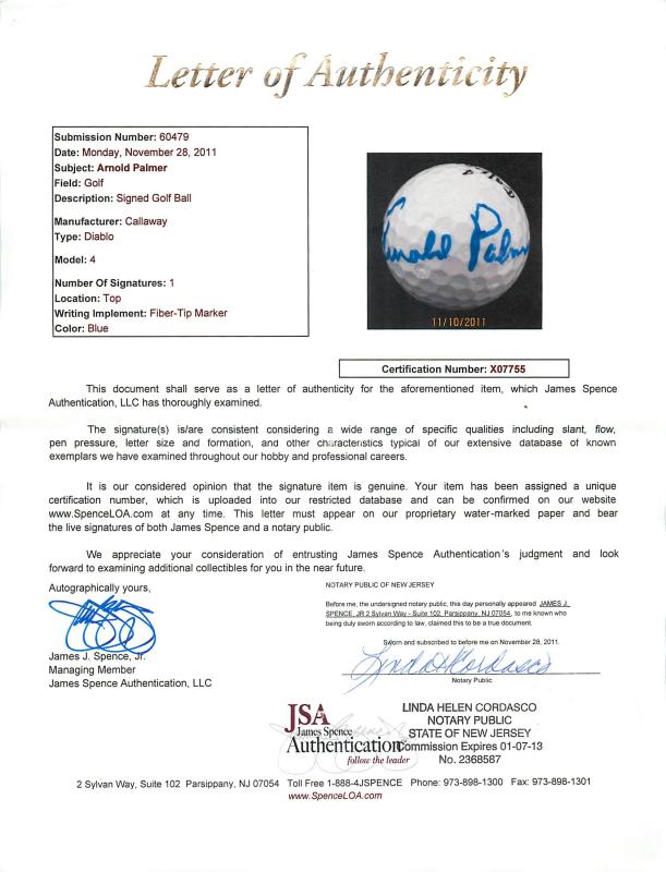 Arnold Palmer Authentic Signed Callaway Golf Ball Autographed JSA #X07755