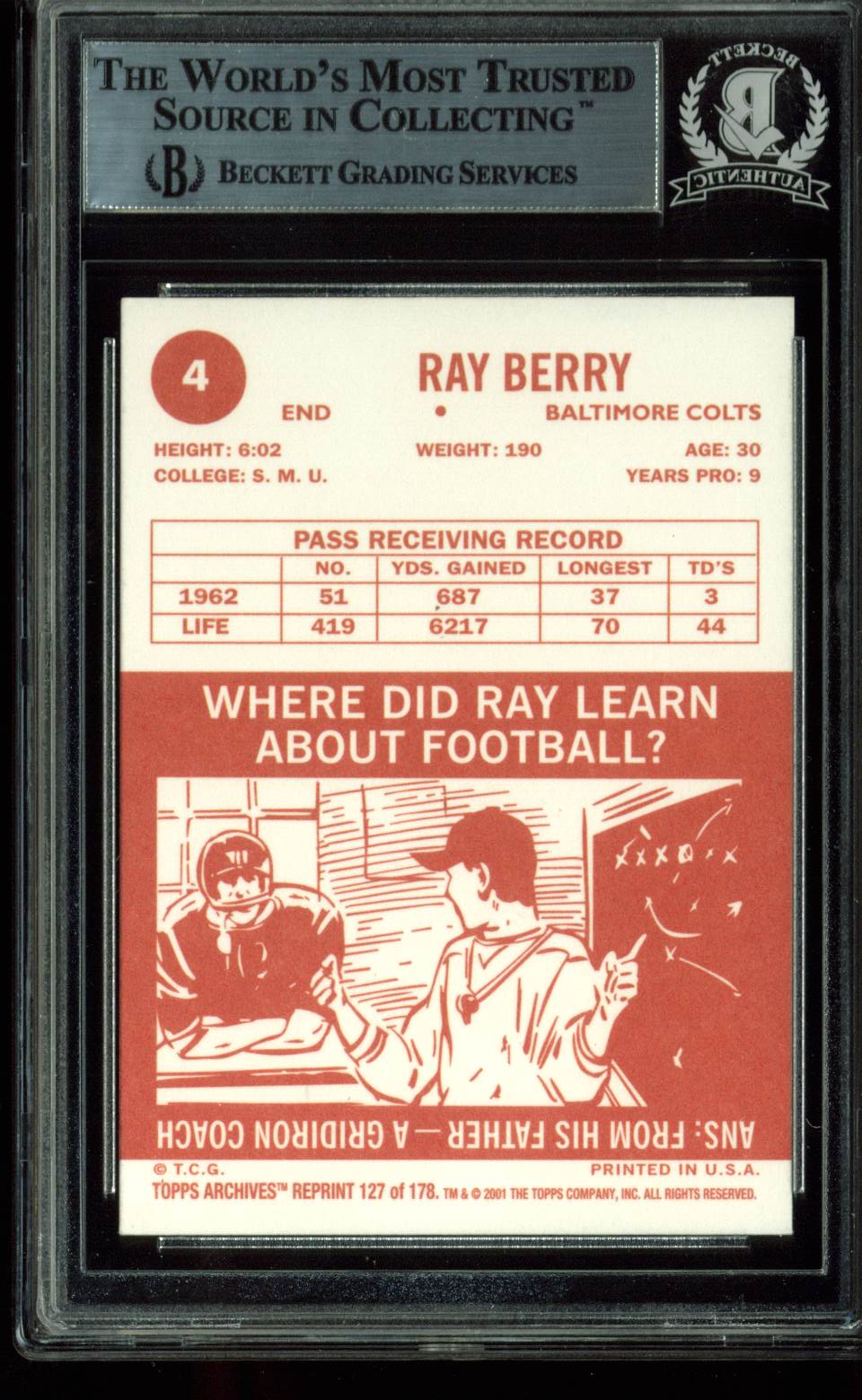 Colts Raymond Berry "HOF 73" Signed Card 2001 Topps Archives #127 BAS Slabbed