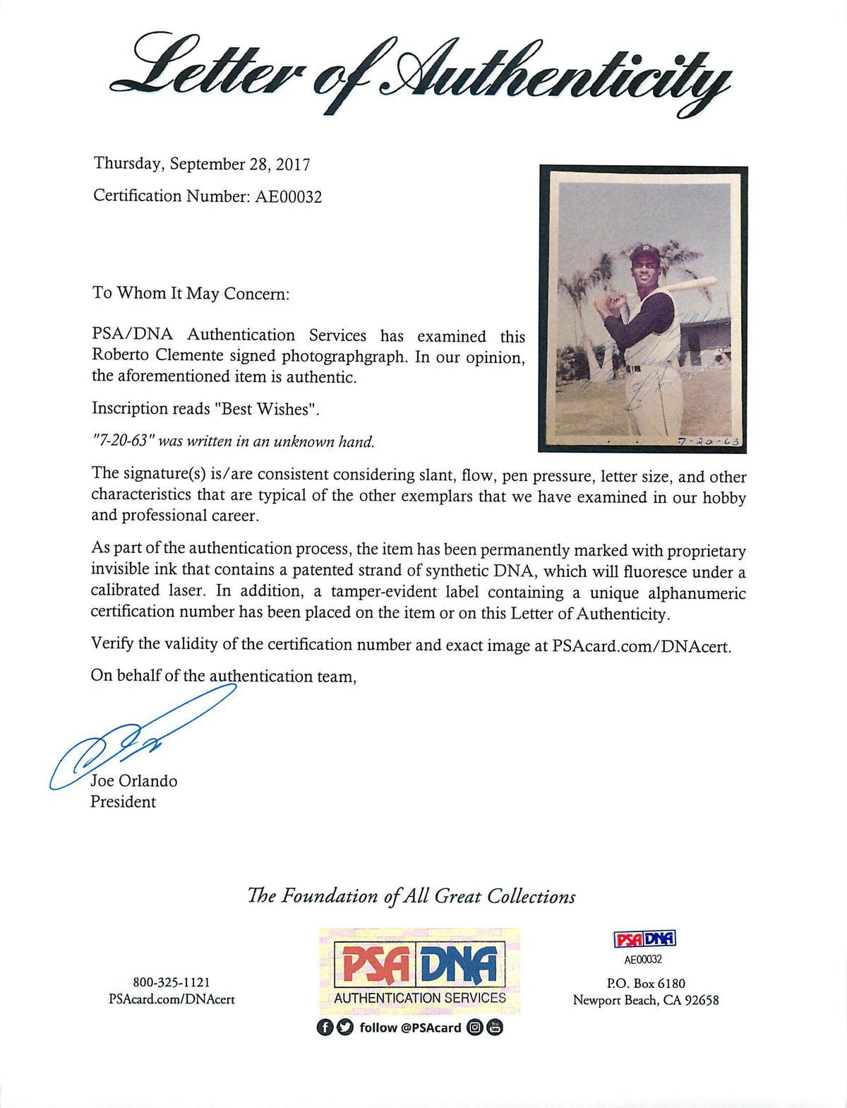 Pirates Roberto Clemente Best Wishes Authentic Signed 3.5x5 Photo PSA #AE00032