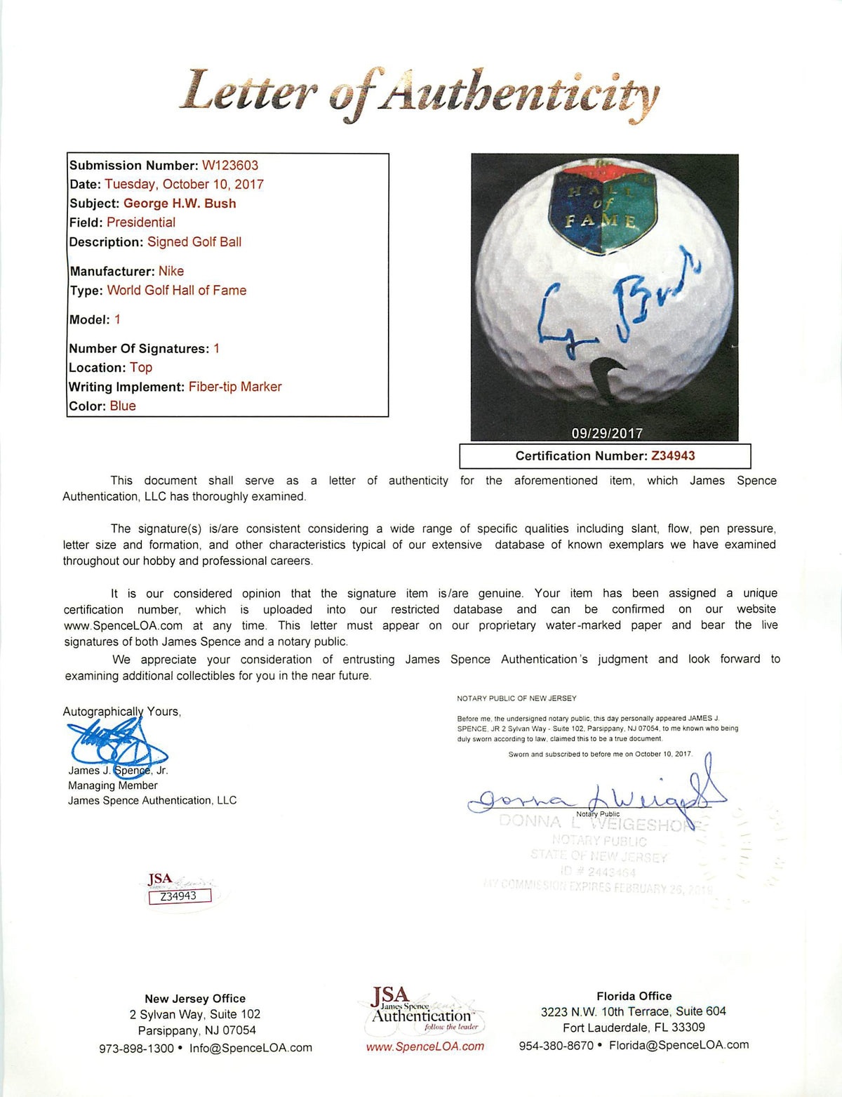 George H.W. Bush Signed Nike World Golf Hall Of Fame Logo Golf Ball JSA #Z34943