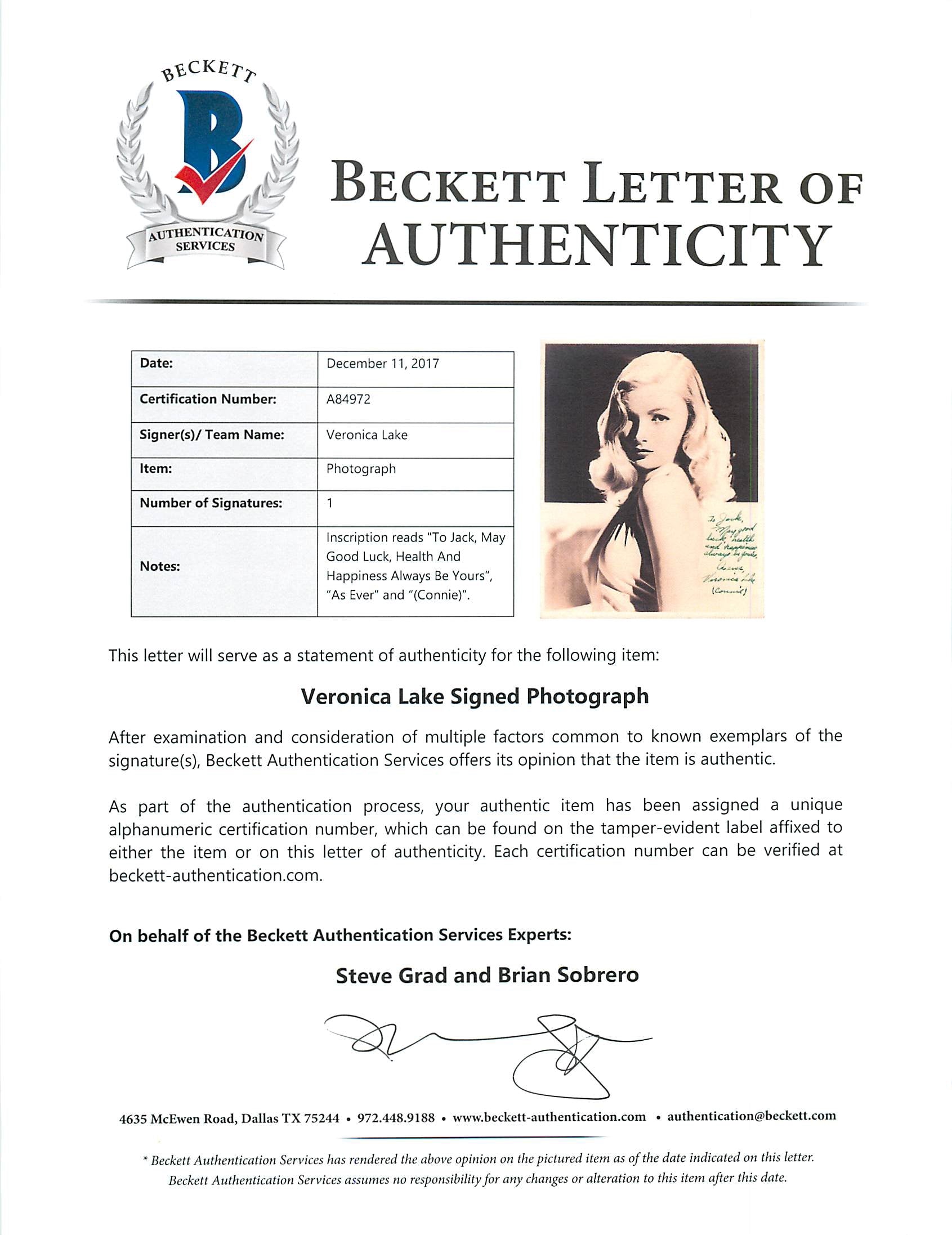 Veronica Lake Authentic Signed Sepia 8x10 Photo Autographed BAS #A84972