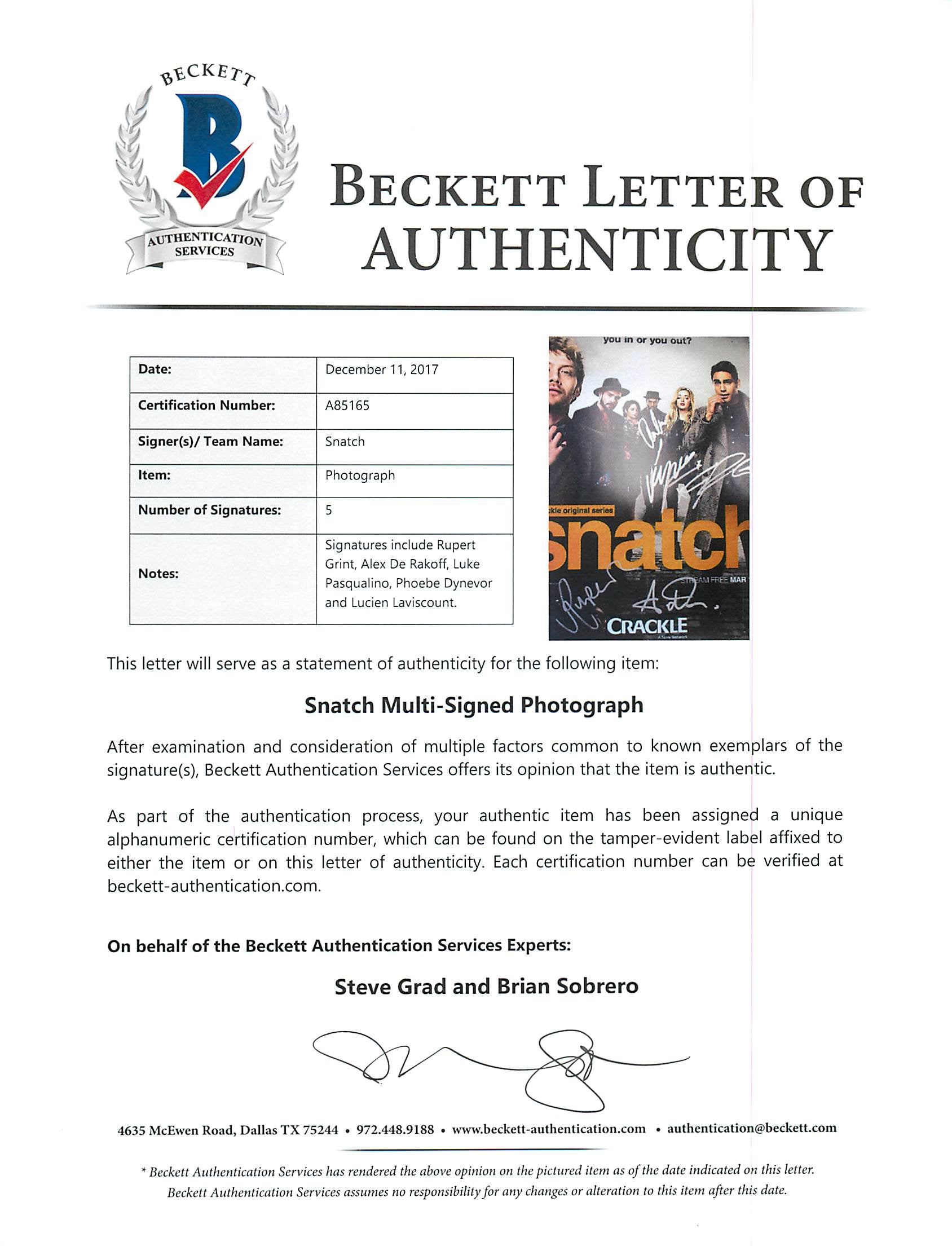 Snatch (5) Grint, De Rakoff +3 Signed 12x18 Mini Movie Poster BAS #A85165