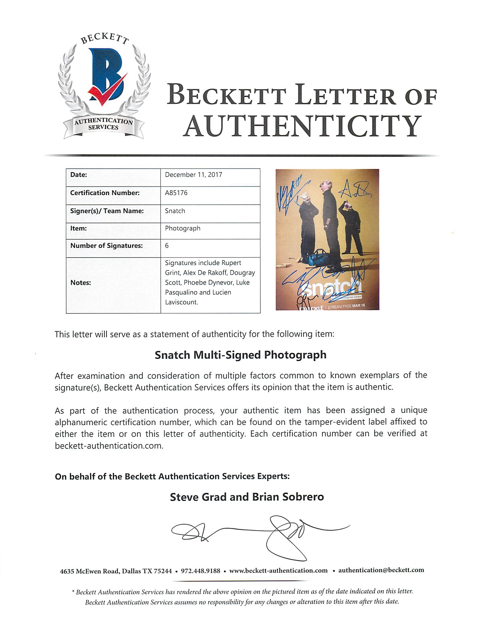 Snatch (Grint, Rakoff, Scott +3) Authentic Signed 11x14 Photo BAS #A85176