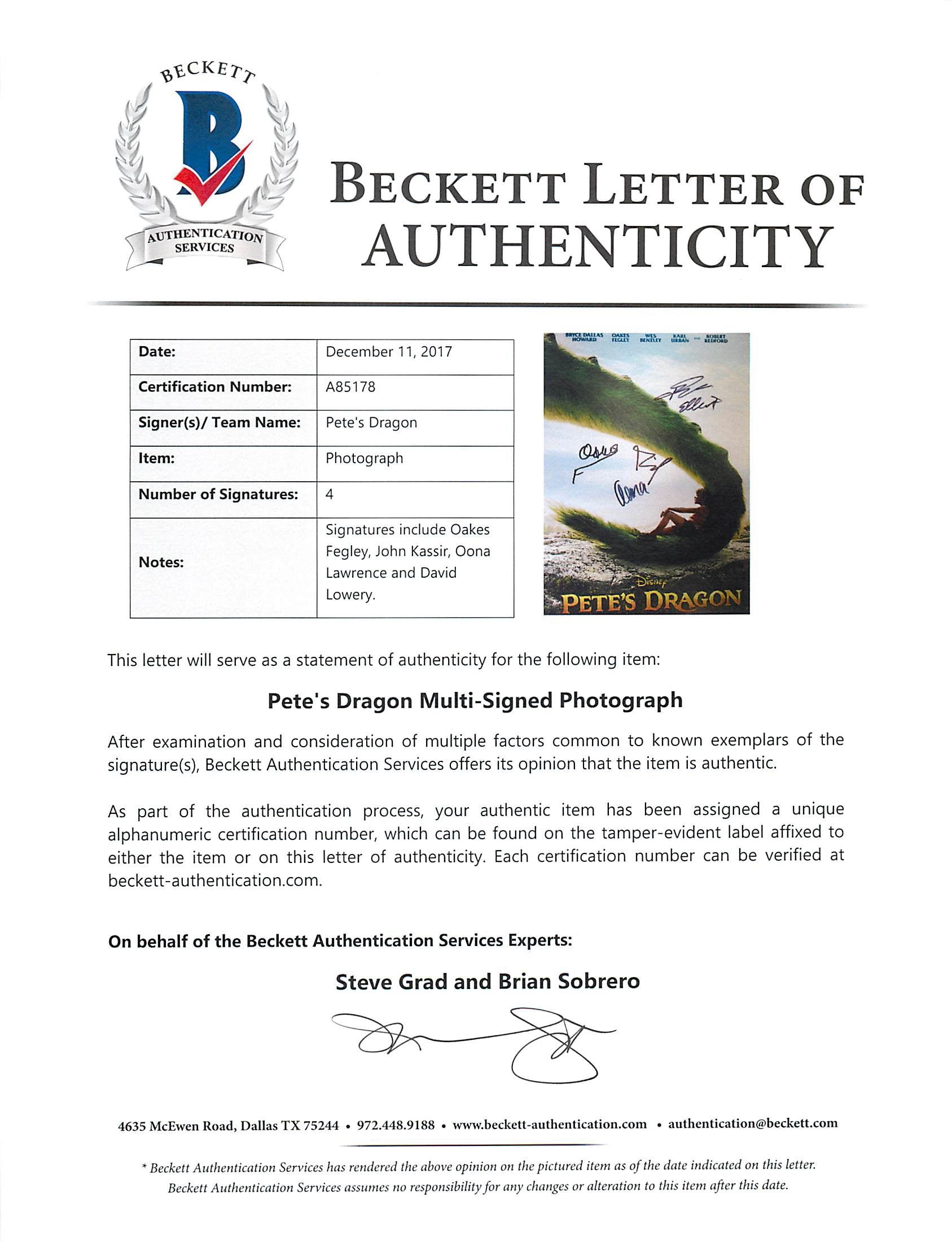 Pete's Dragon (Fegley, Kassir, +2) Authentic Signed 11x14 Photo BAS #A85178