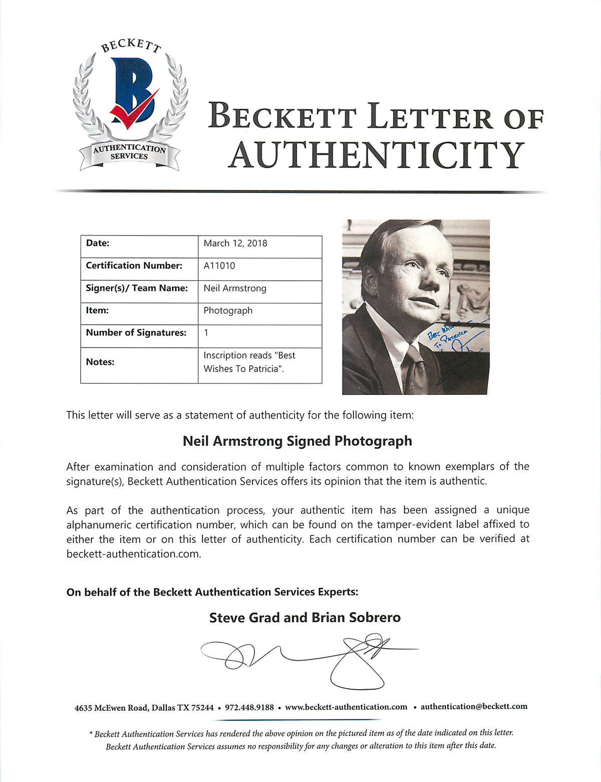 Neil Armstrong "Best Wishes" Signed 8x10 Black & White Photo BAS #A11010