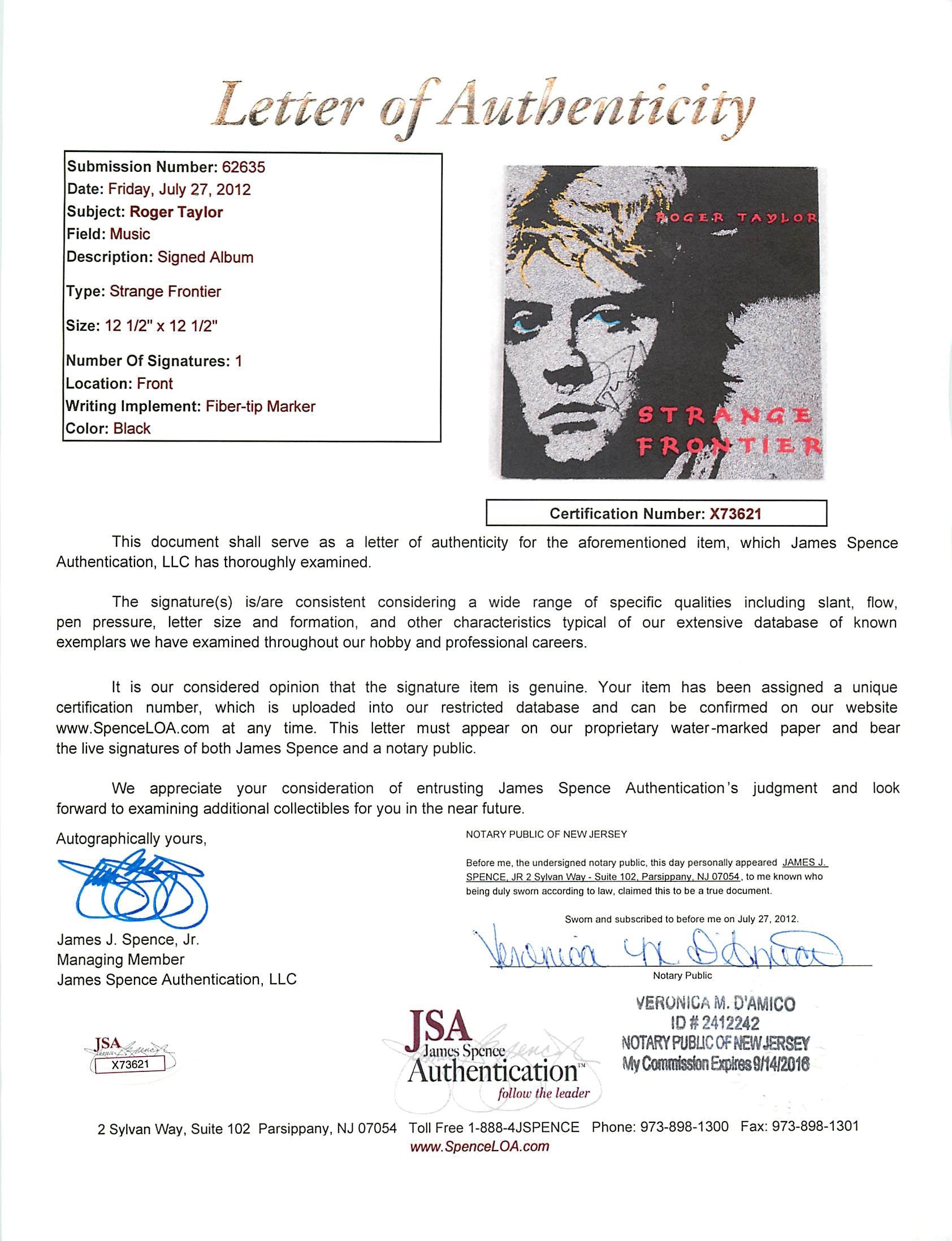 Roger Taylor Authentic Signed Strange Frontier Album Cover JSA #X73621