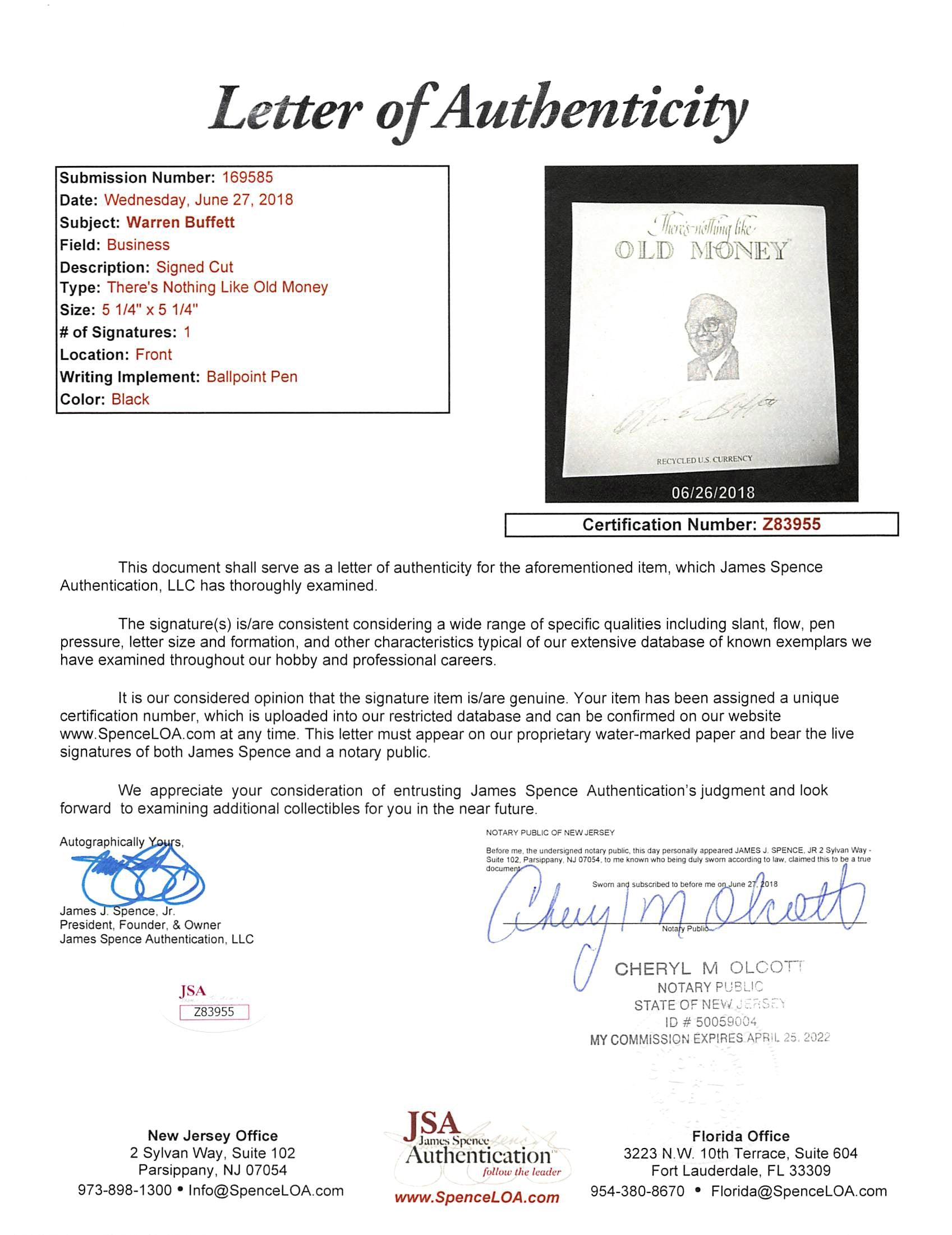 Warren Buffett Signed There's Nothing Like Old Money Recycled U.S. Currency JSA