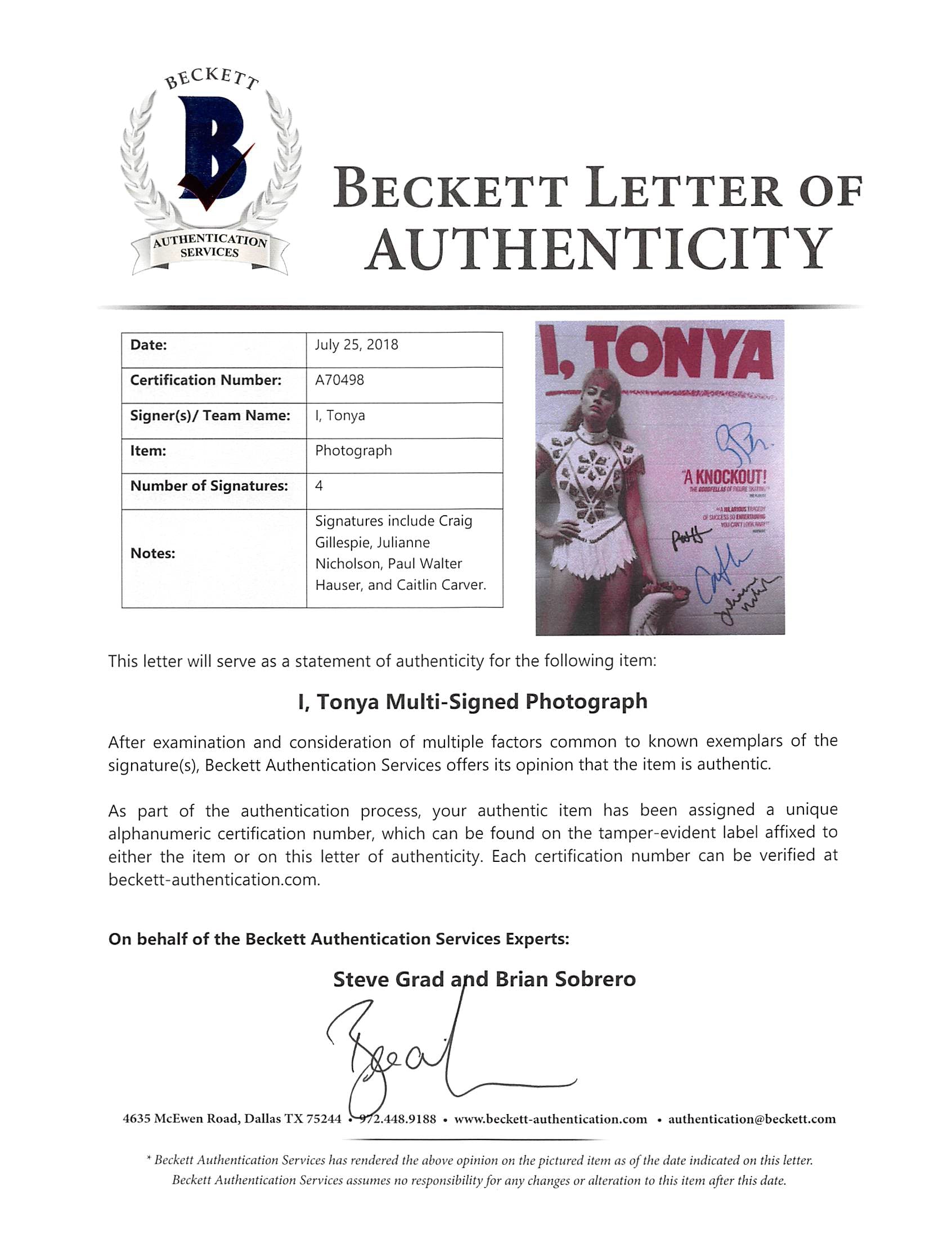 I, Tonya (4) Carver, Hauser, Nicholson, Gillespie Signed 11x14 Photo BAS #A70498