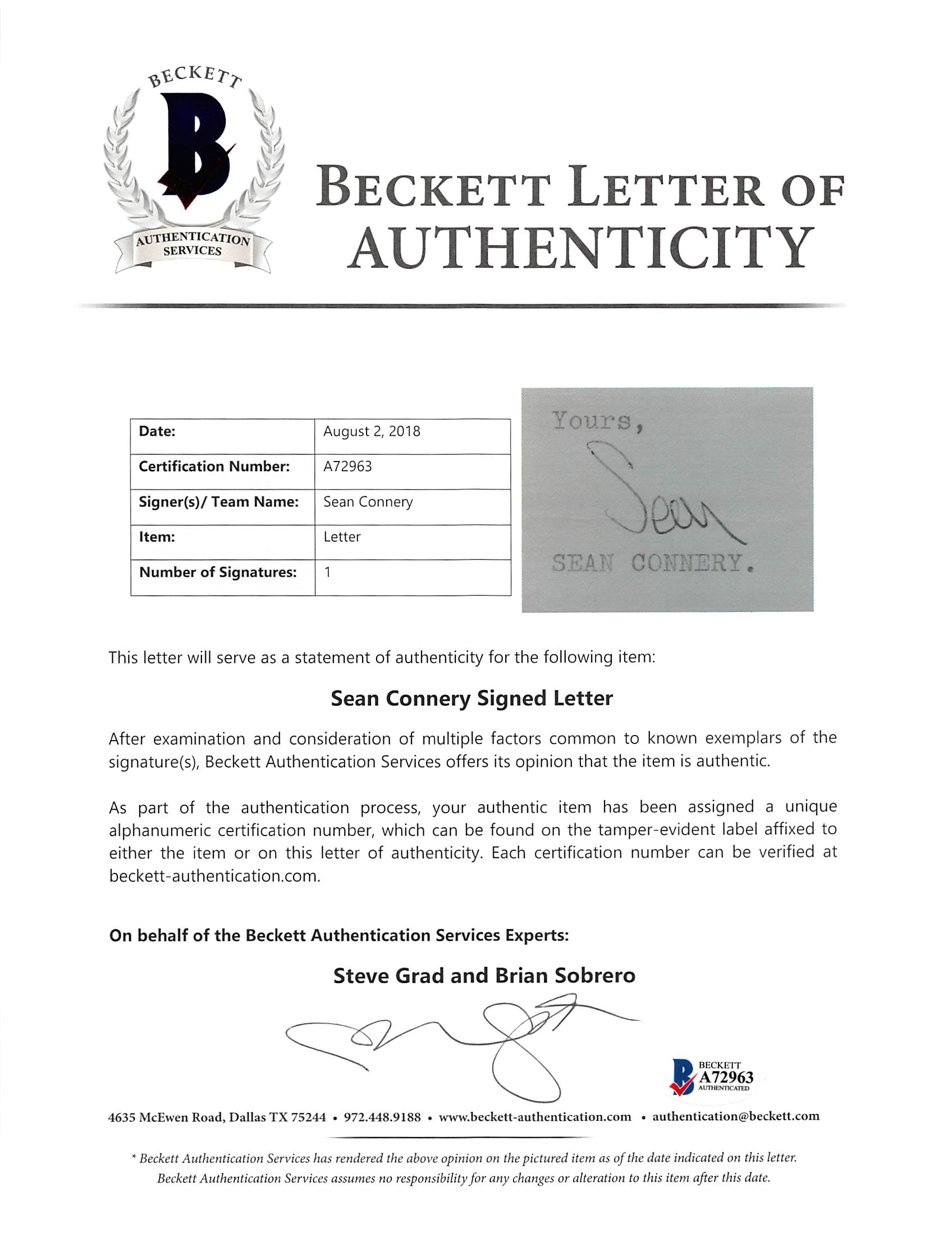 Sean Connery Signed 1972 7.75x11x75 Letter On Tantallon Films Ltd Letterhead BAS